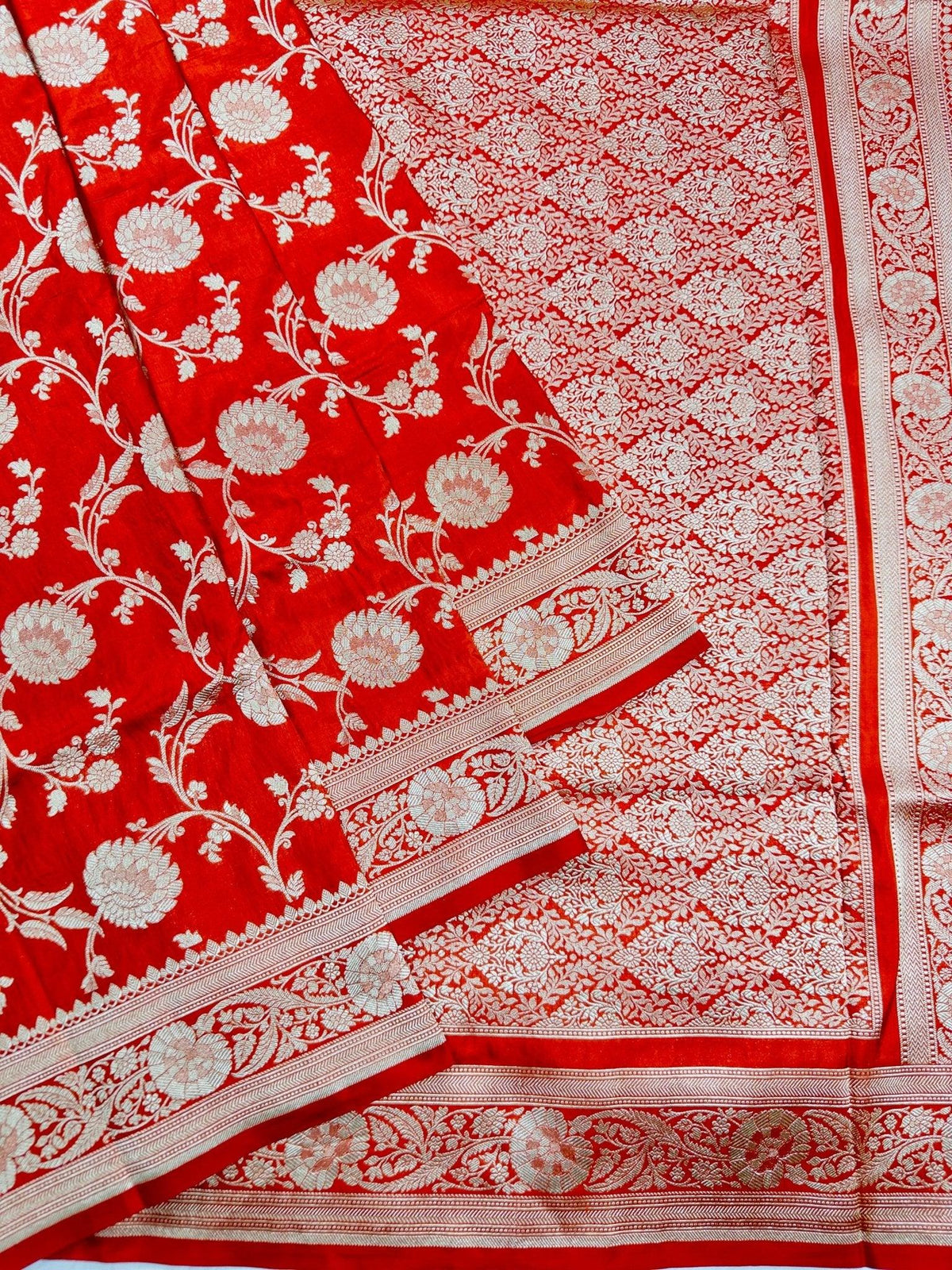 Red Pure Katan Silk Jaalwork Banarasi Saree Uppada Bridal Handwoven Festive - Katan Banaras