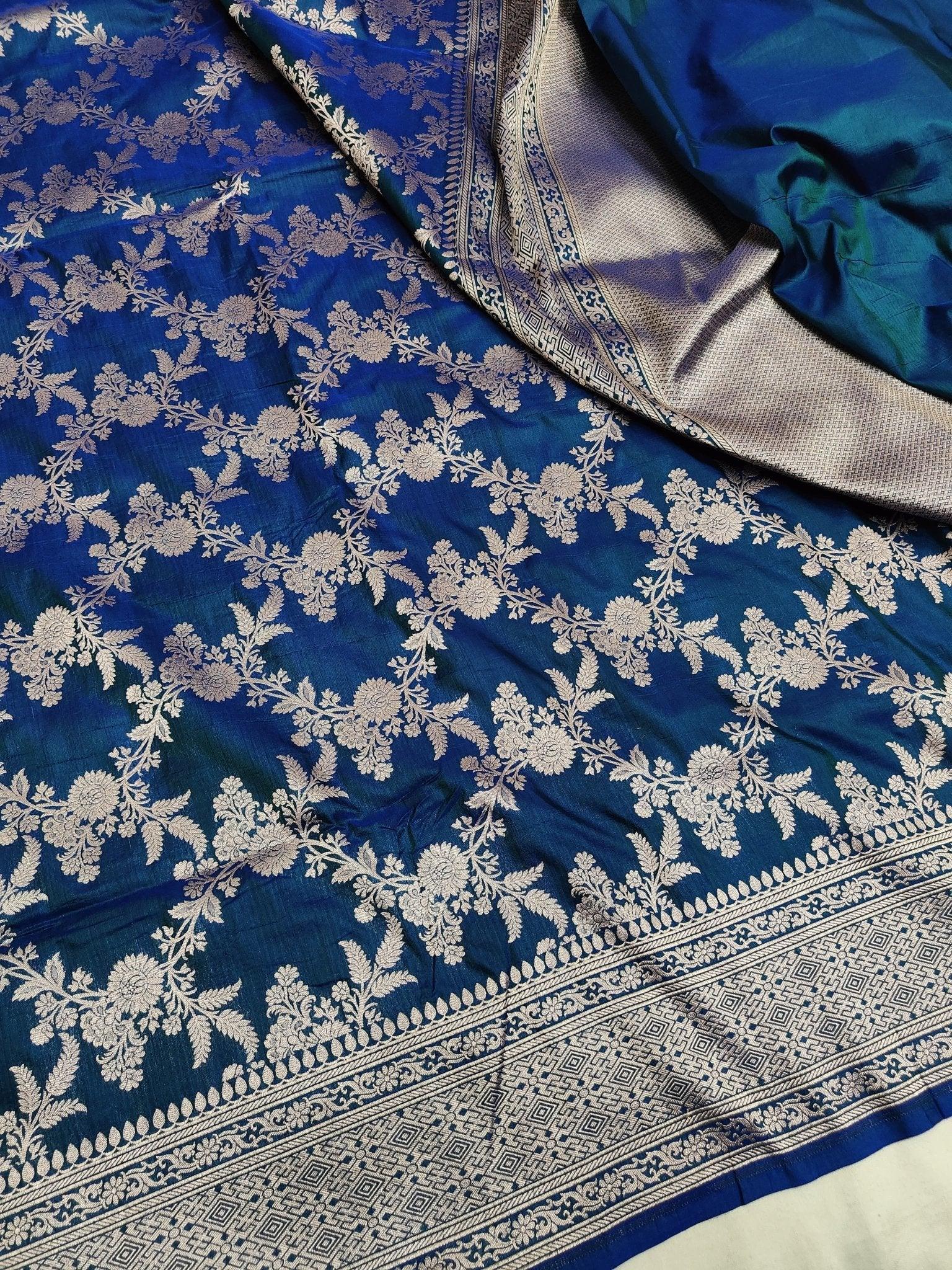 Royal Blue Pure Katan Silk Jaalwork Banarasi Saree Uppada Handwoven Festive - Katan Banaras