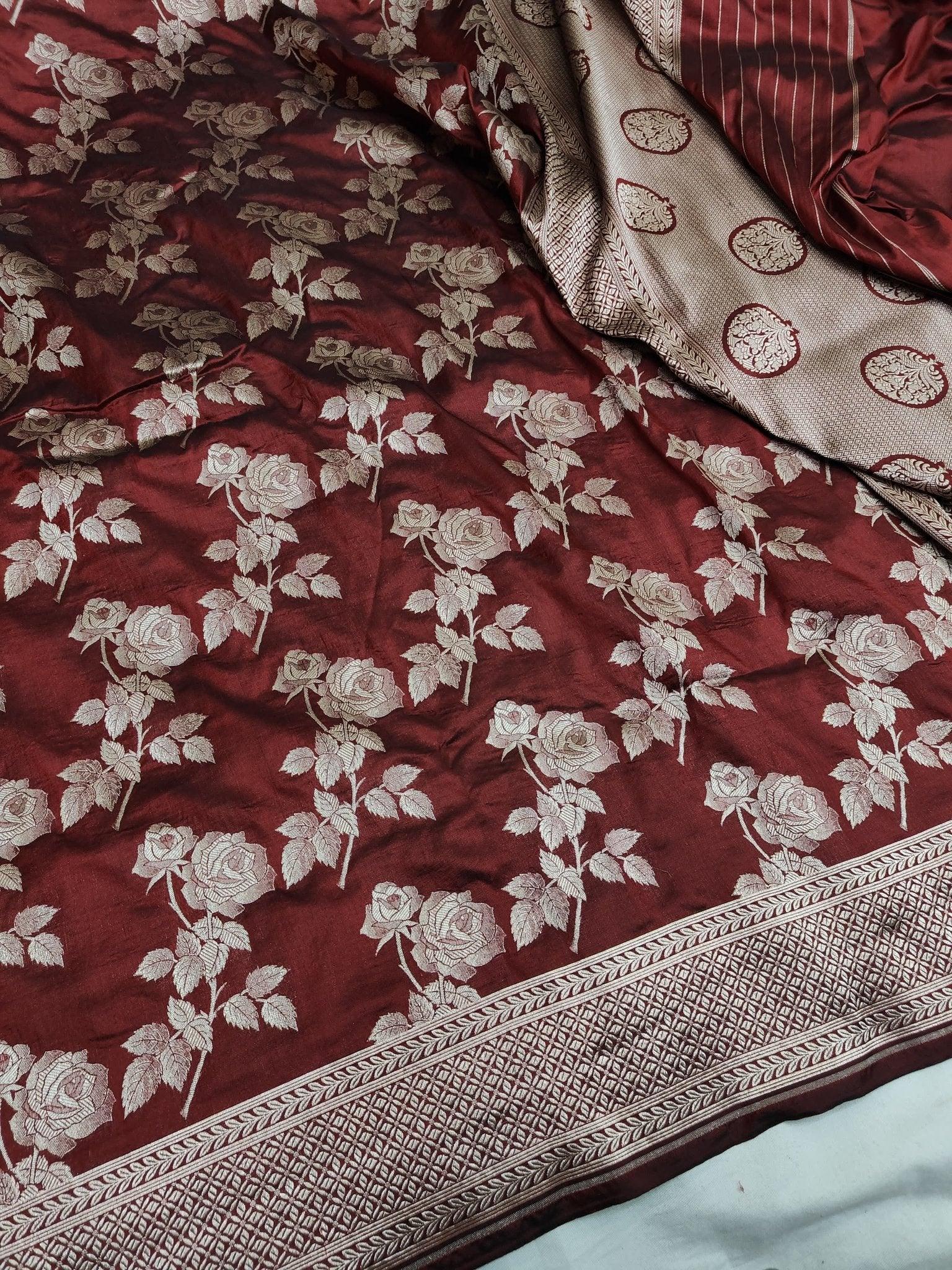 Chocolate Brown Katan Silk Banarasi Saree | Gold Zari Jaal - Katan Banaras
