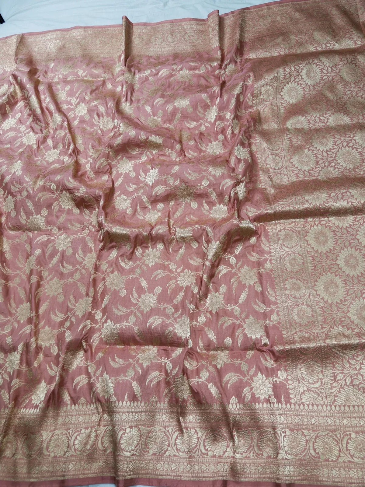 Peach Purple Pure Katan Silk Jaalwork Banarasi Saree Uppada Handwoven Festive - Katan Banaras