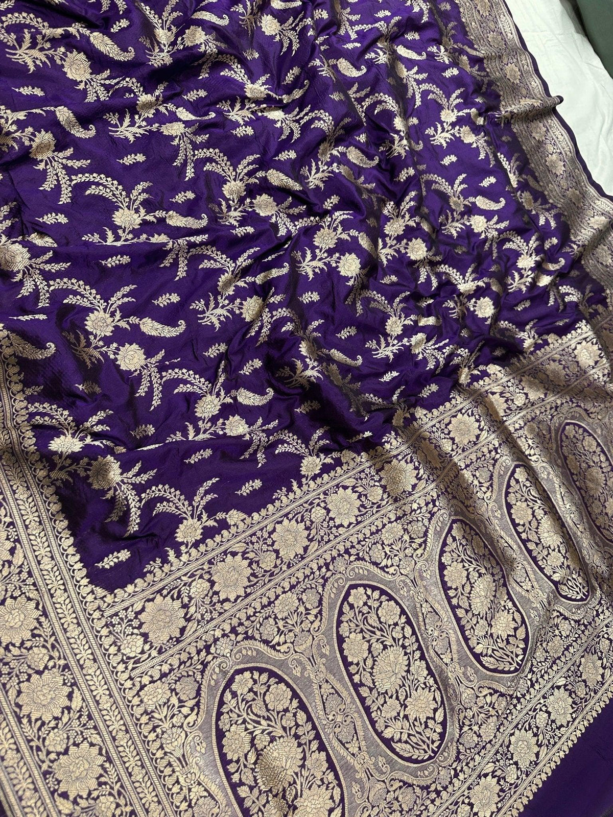 Royal Purple Pure Katan Silk Jaalwork Banarasi Saree Uppada Handwoven Luxury - Katan Banaras