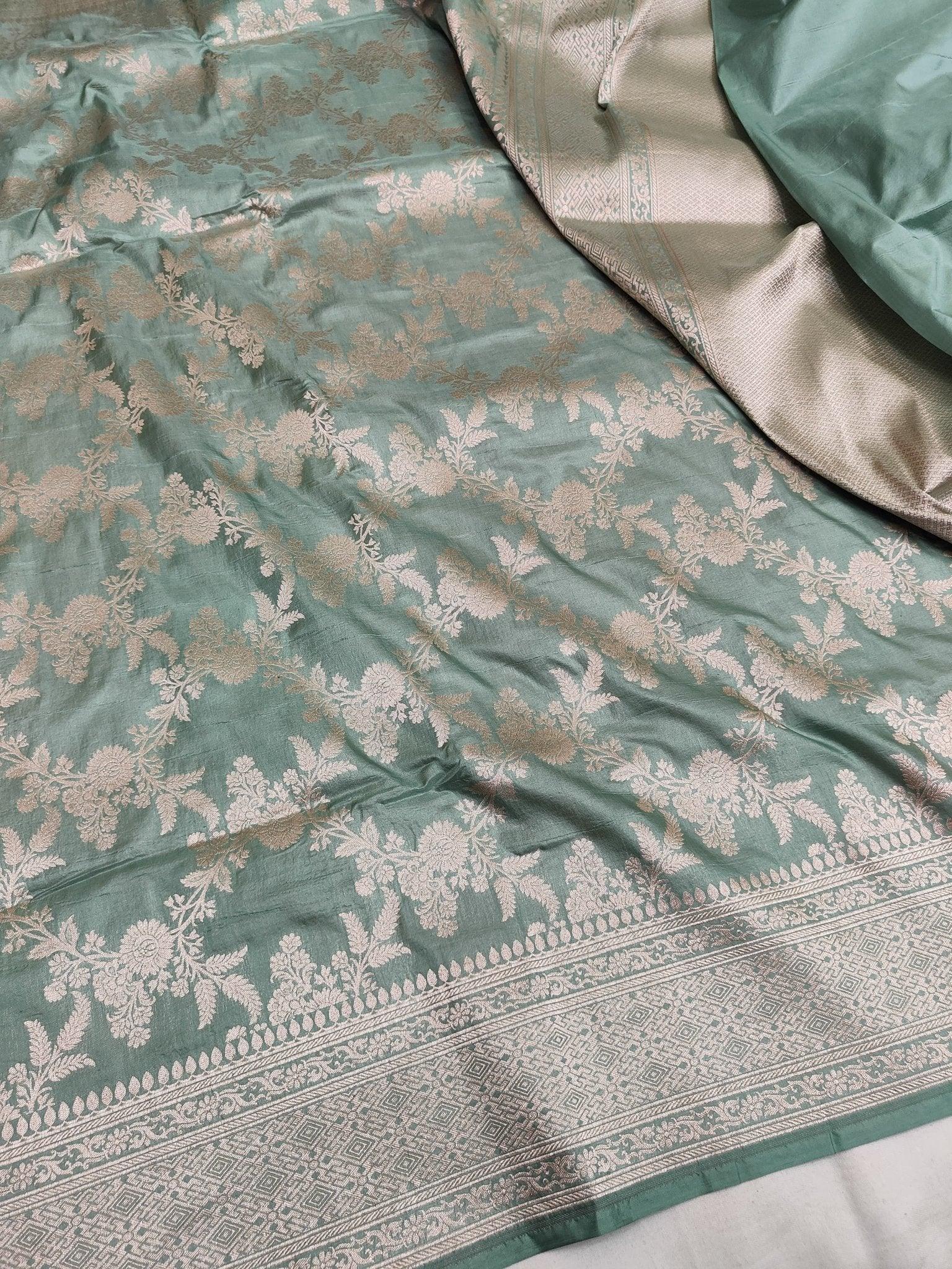 Teal Green Pure Katan Silk Jaalwork Banarasi Saree Uppada Handwoven Gold Zari Festive - Katan Banaras