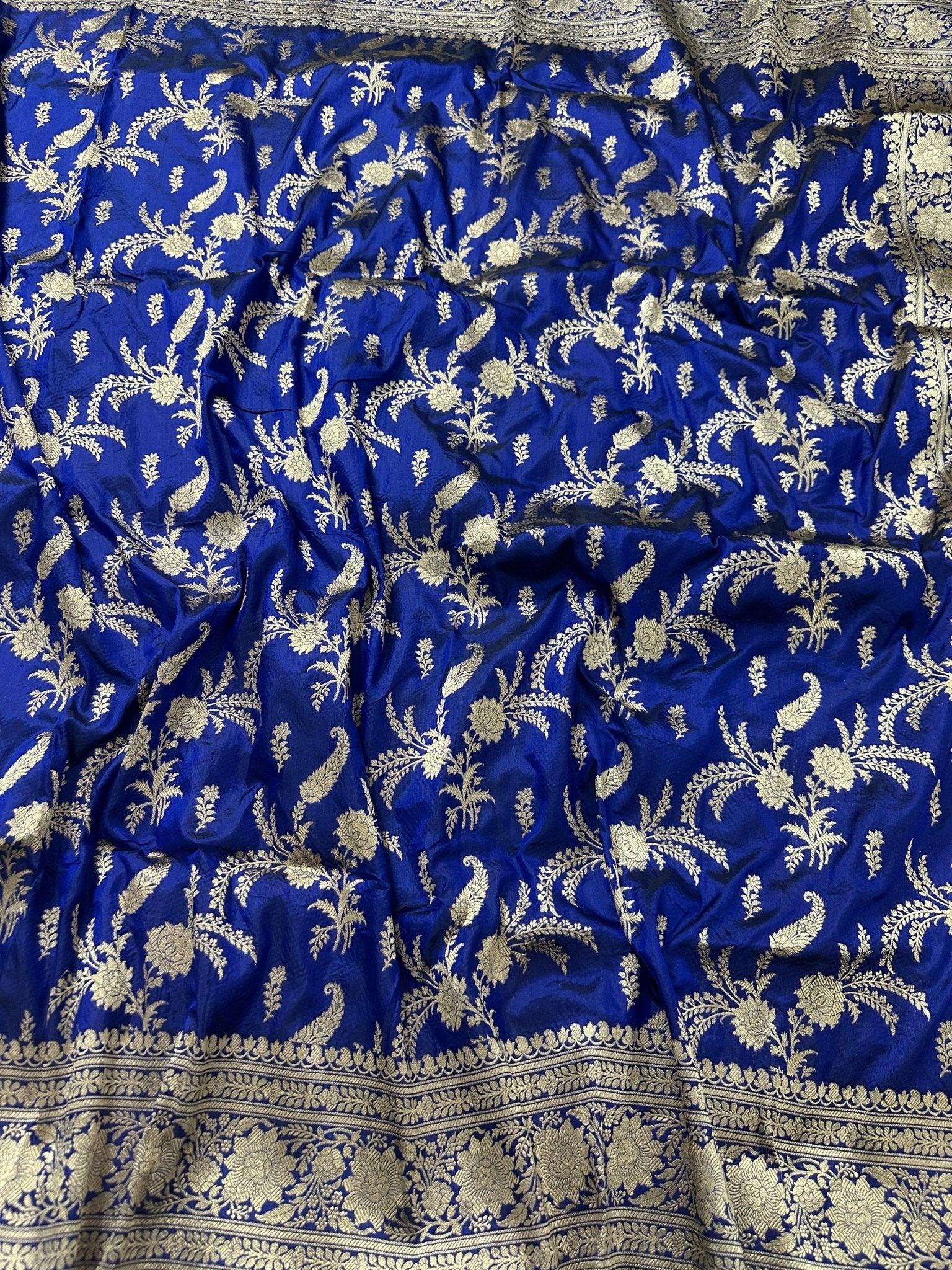 Royal Blue Pure Katan Silk Jaalwork Banarasi Saree Uppada Handwoven Luxury - Katan Banaras