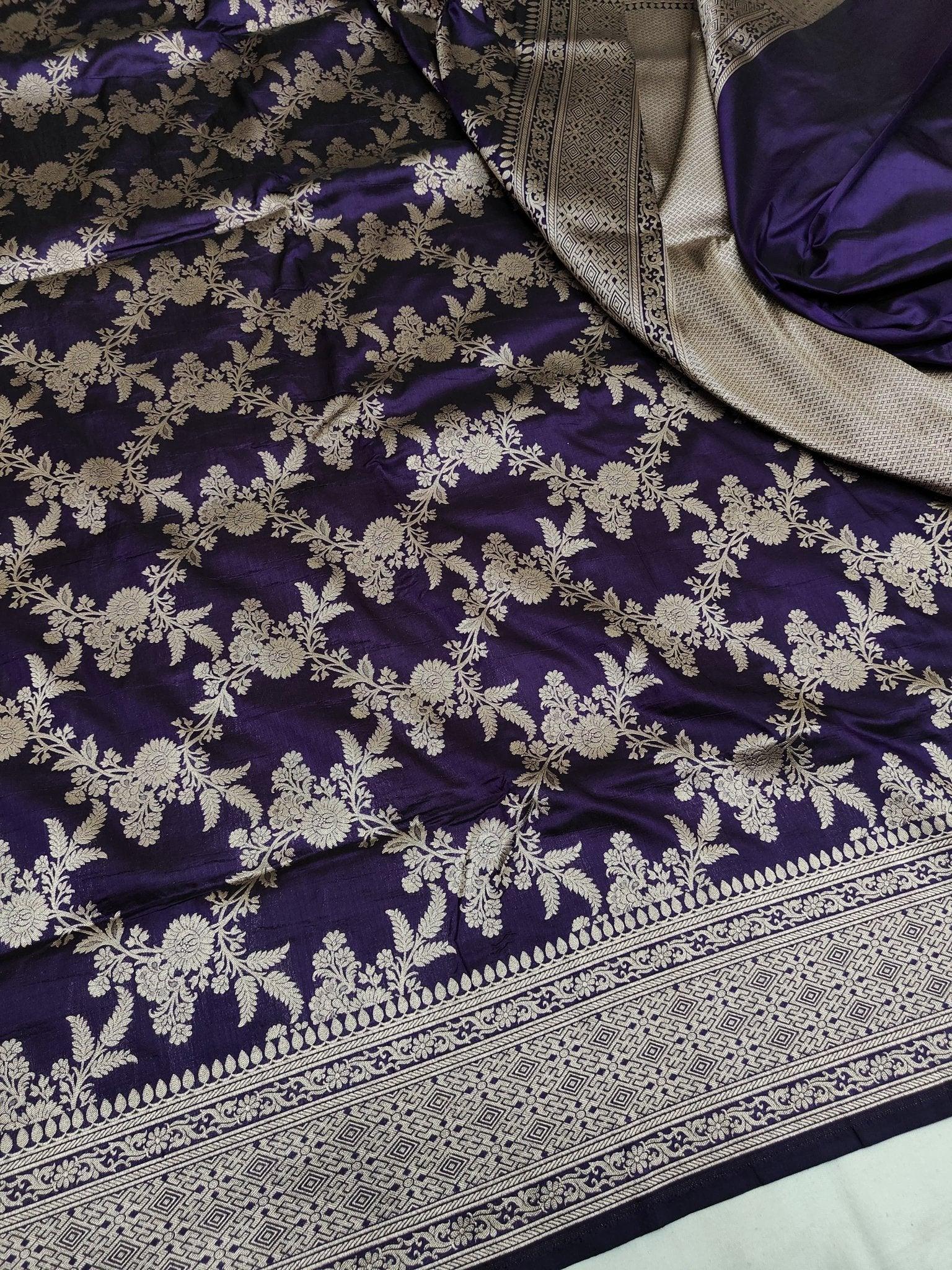 Deep Purple Pure Katan Silk Jaalwork Banarasi Saree Uppada Handwoven Festive - Katan Banaras