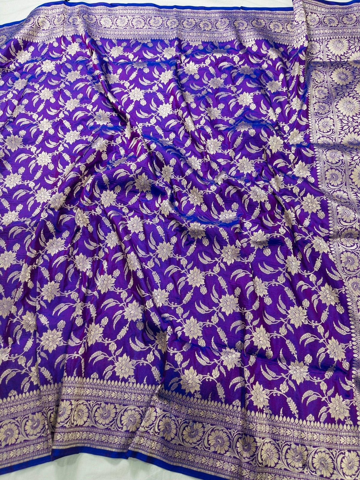 Royal Purple Pure Katan Silk Jaalwork Banarasi Saree Uppada Weave Handwoven Festive - Katan Banaras