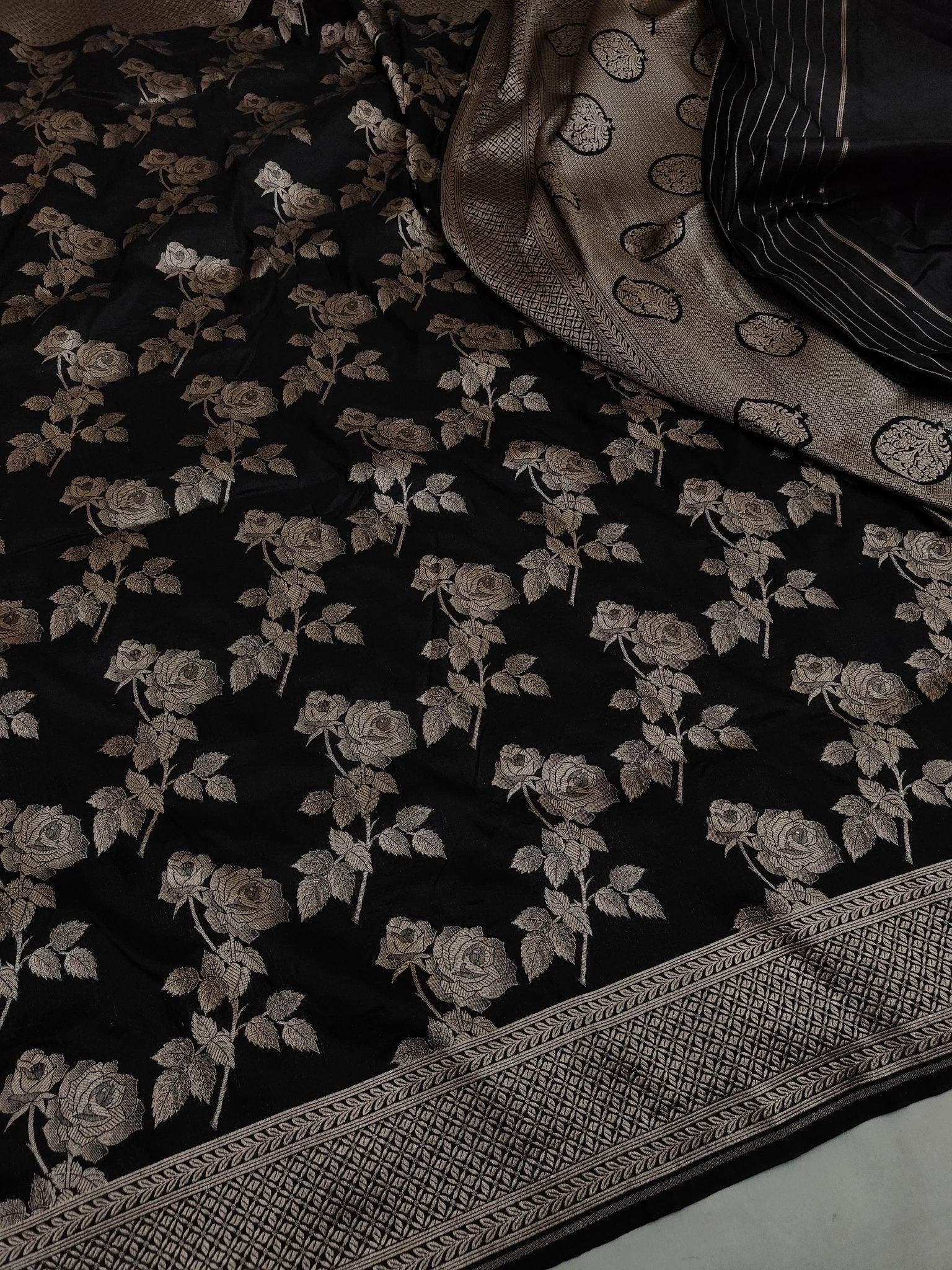 Black Pure Katan Silk Jaalwork Banarasi Saree Uppada Handwoven Festive - Katan Banaras