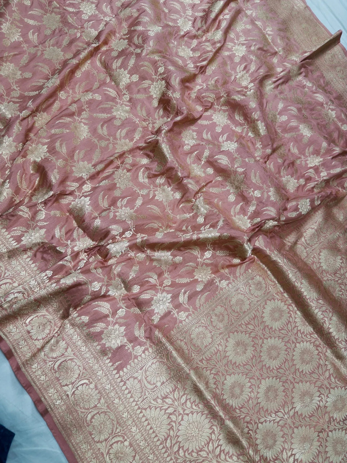 Peach Purple Pure Katan Silk Jaalwork Banarasi Saree Uppada Handwoven Festive - Katan Banaras