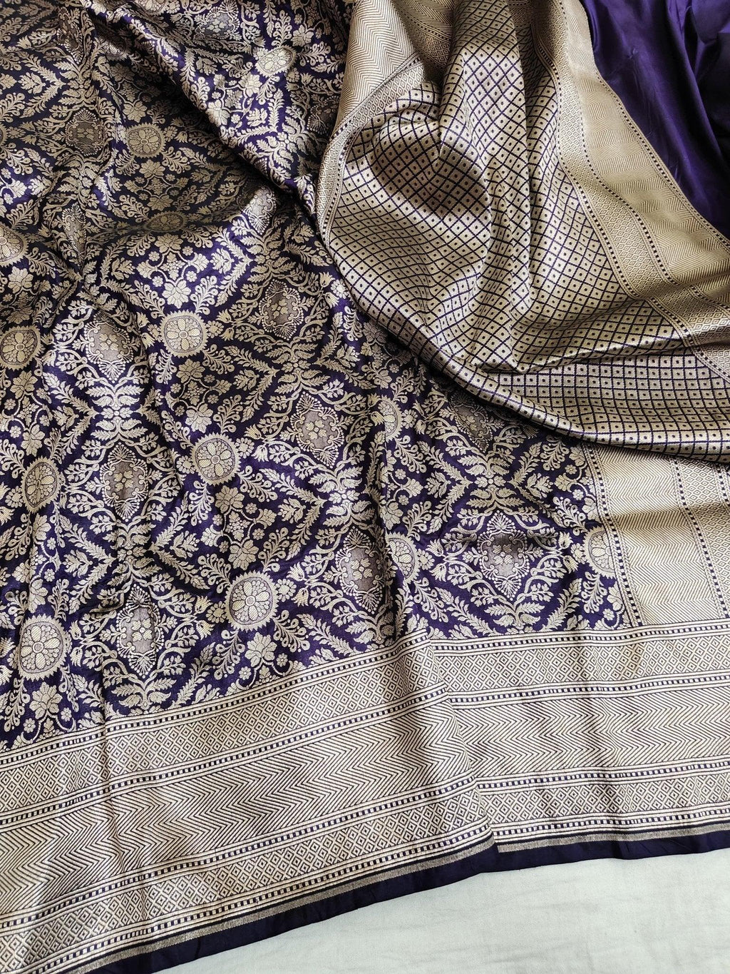 Pure Katan Silk Brocade Saree Gold Zari Weaving - Katan Banaras