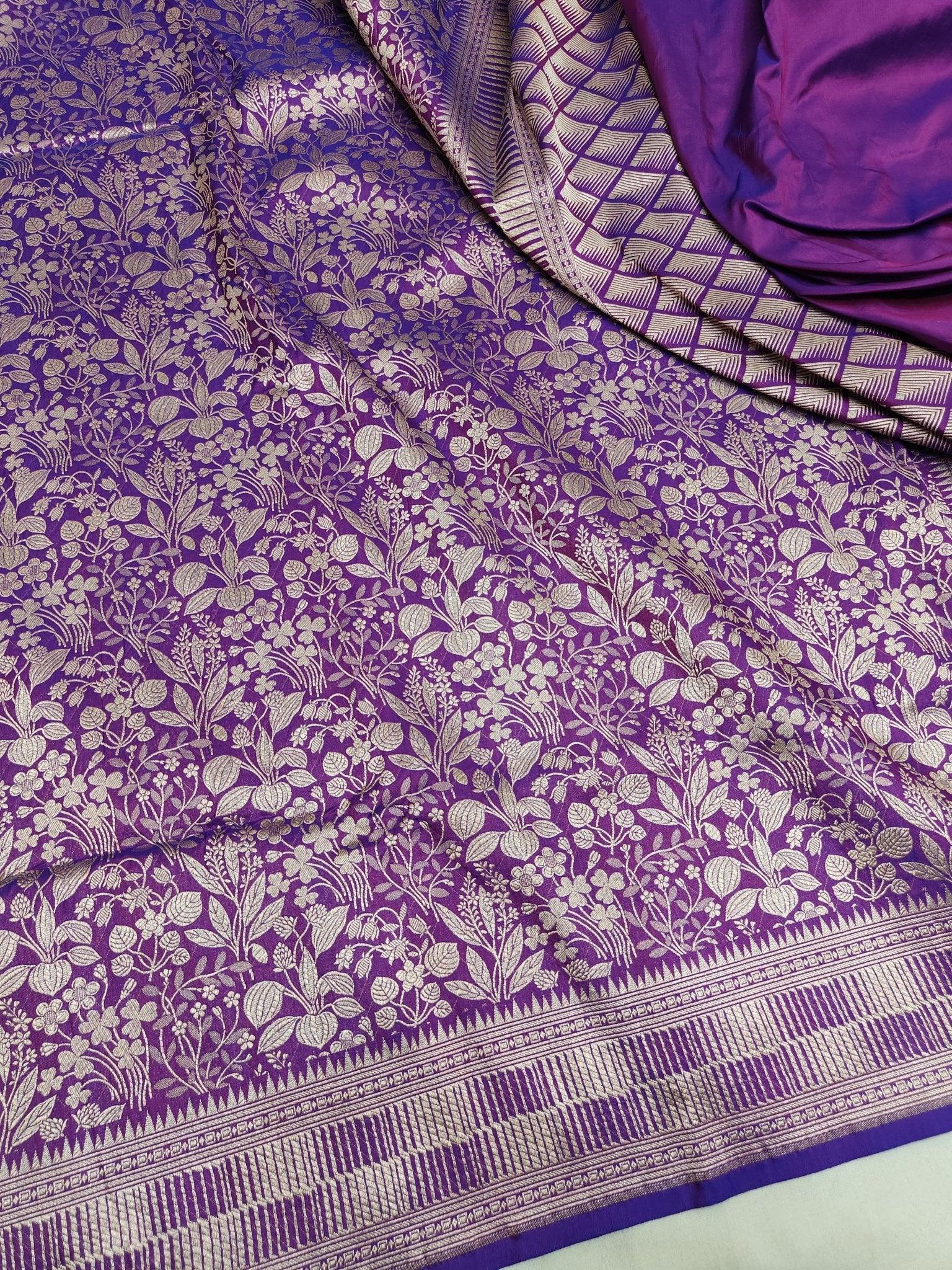 Pure Katan Silk Brocade Banarasi Saree Purple Gold Zari Handwoven Festive - Katan Banaras