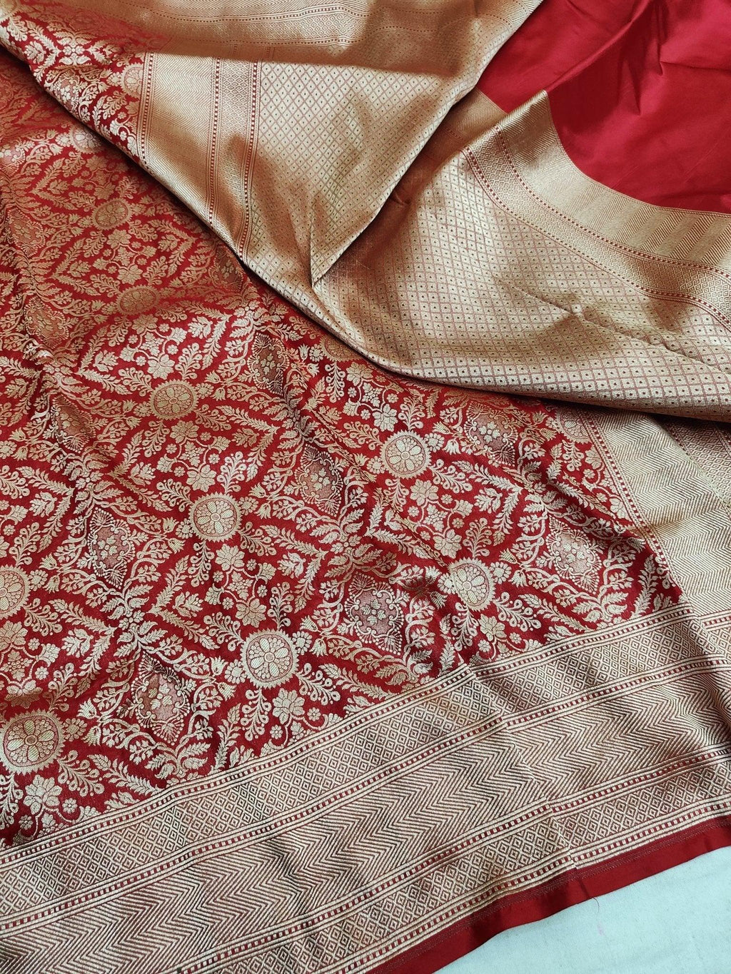 Deep Red Pure Katan Silk Brocade Banarasi Saree Gold Zari Bridal Handwoven - Katan Banaras