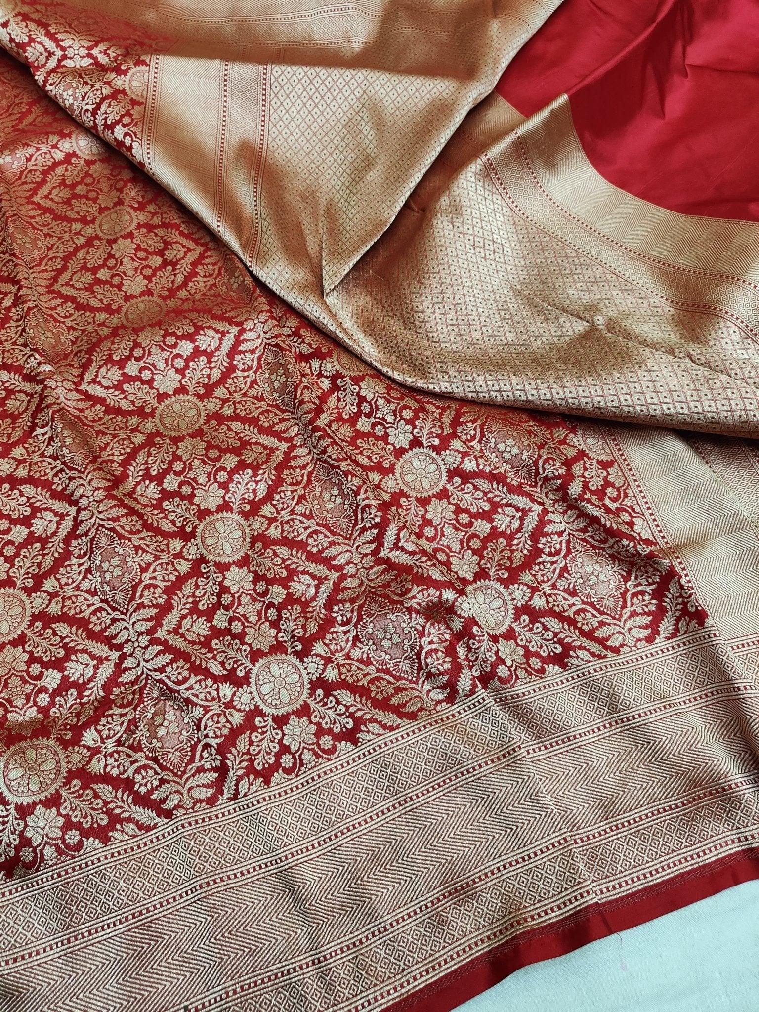 Deep Red Pure Katan Silk Brocade Banarasi Saree Gold Zari Bridal Handwoven - Katan Banaras