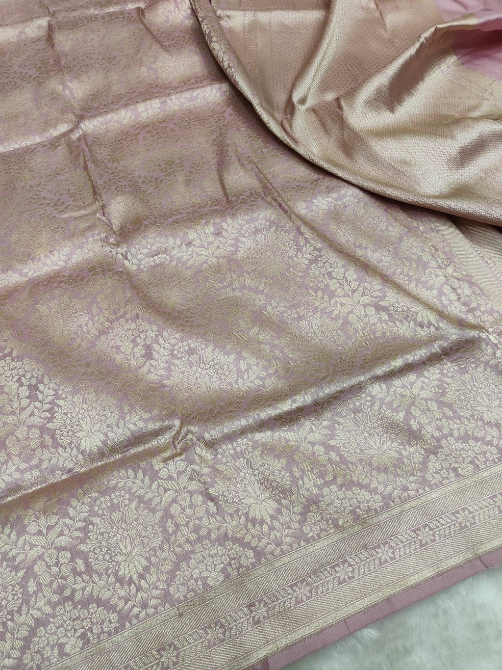 Baby Pink Pure Katan Silk Brocade Banarasi Saree Gold Zari Handwoven - Katan Banaras
