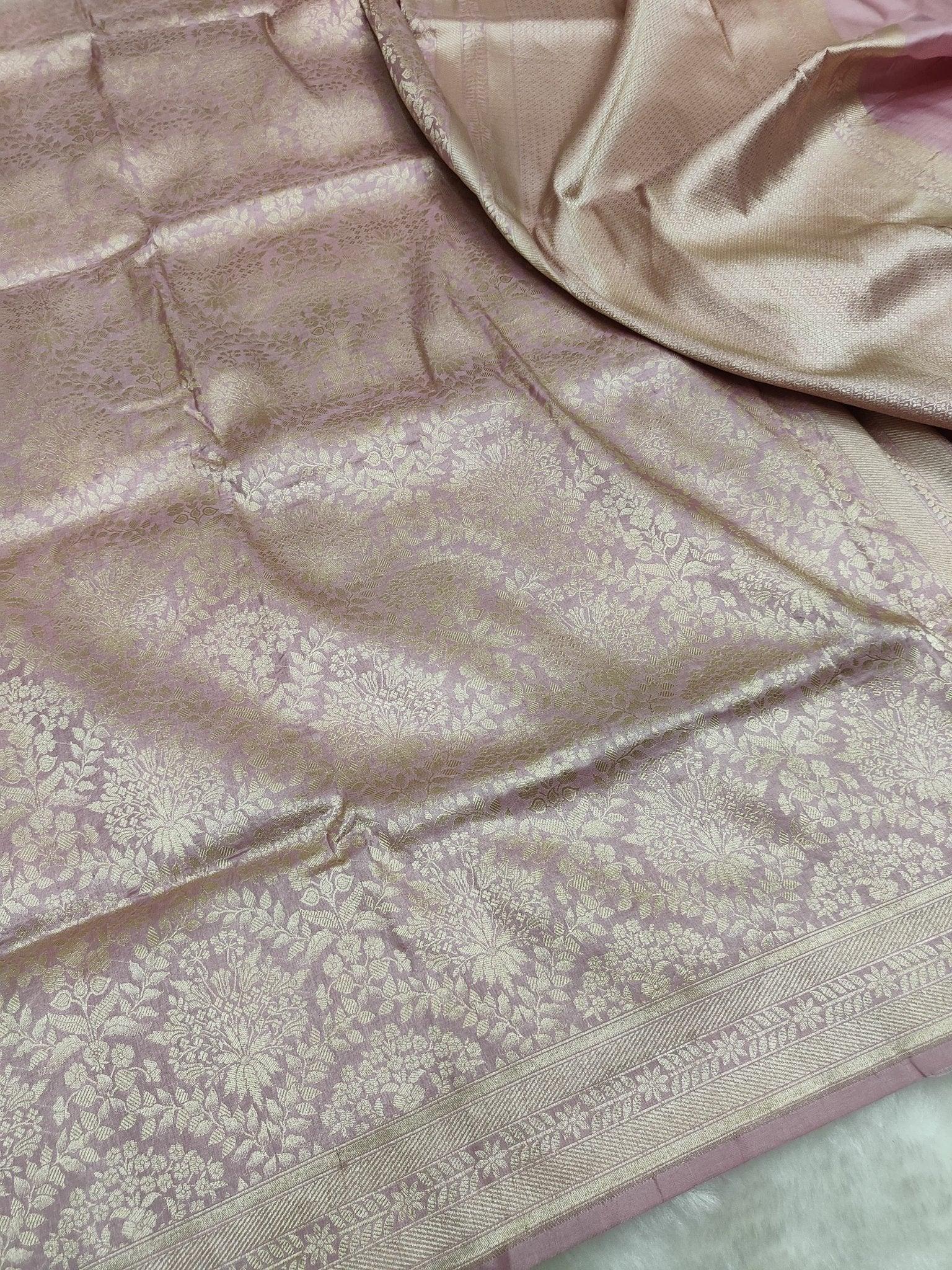Baby Pink Pure Katan Silk Brocade Banarasi Saree Gold Zari Handwoven - Katan Banaras