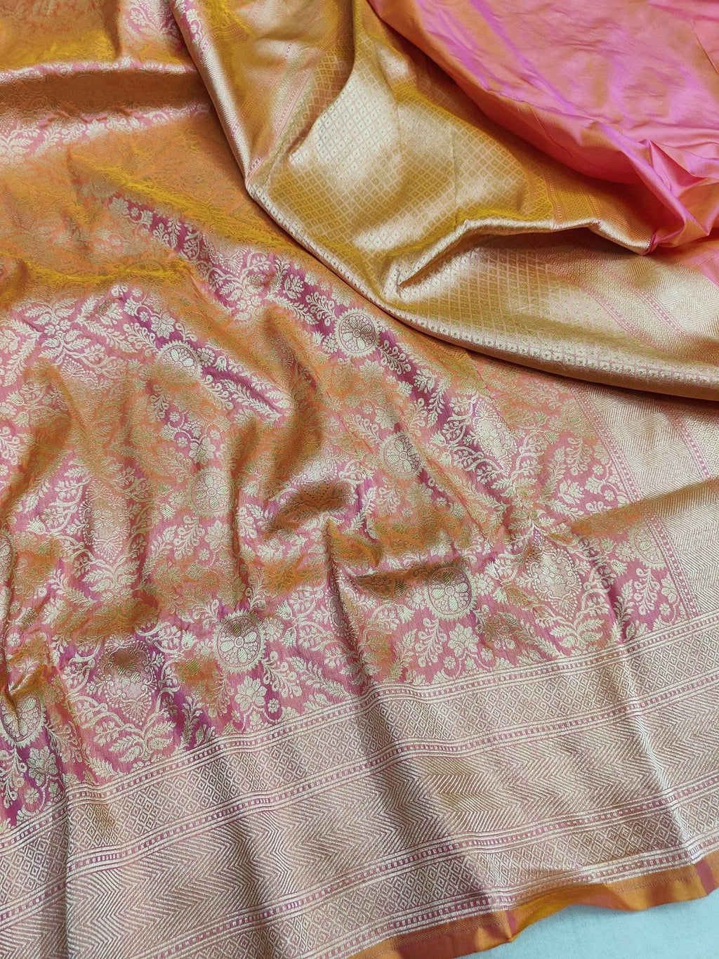 Deep Red Pure Katan Silk Brocade Banarasi Saree Gold Zari Bridal Handwoven - Katan Banaras