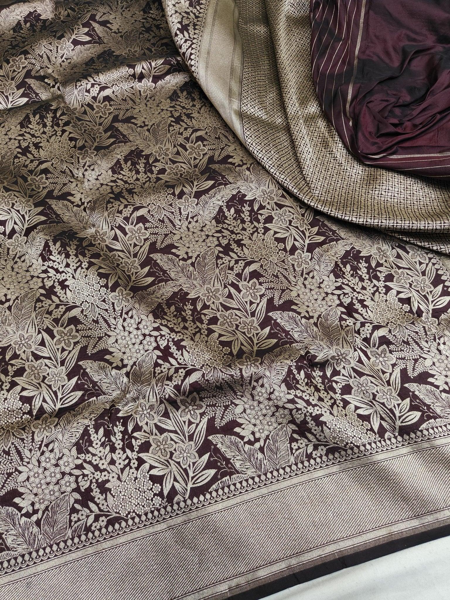 Pure Katan Silk Brocade Banarasi Saree Handwoven Wedding Festive Wear - Katan Banaras