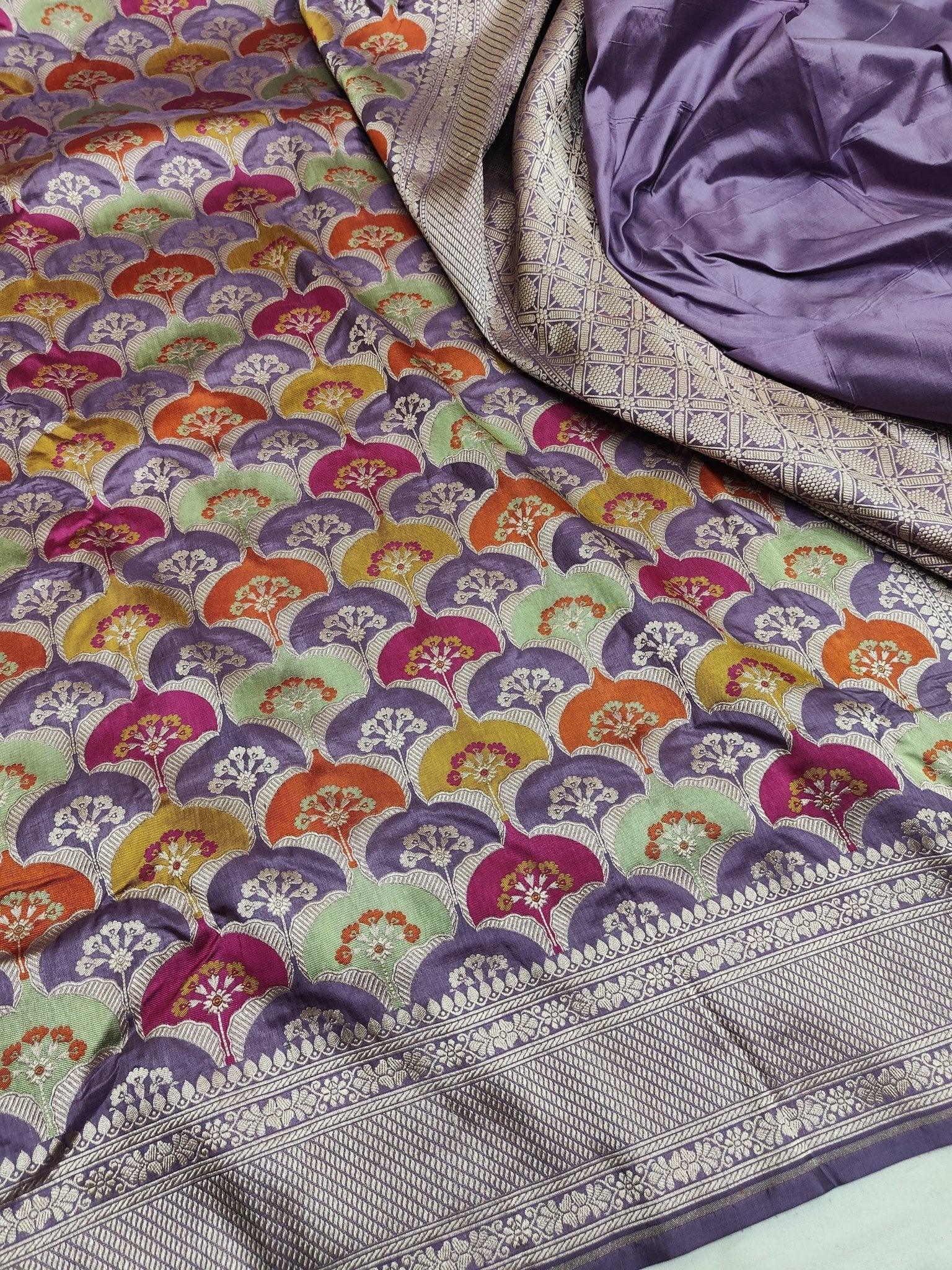 Pure Katan Silk Handloom Banarasi Saree Rangkaat Box Design Multicolour Minakari Heavy Pallu - Katan Banaras