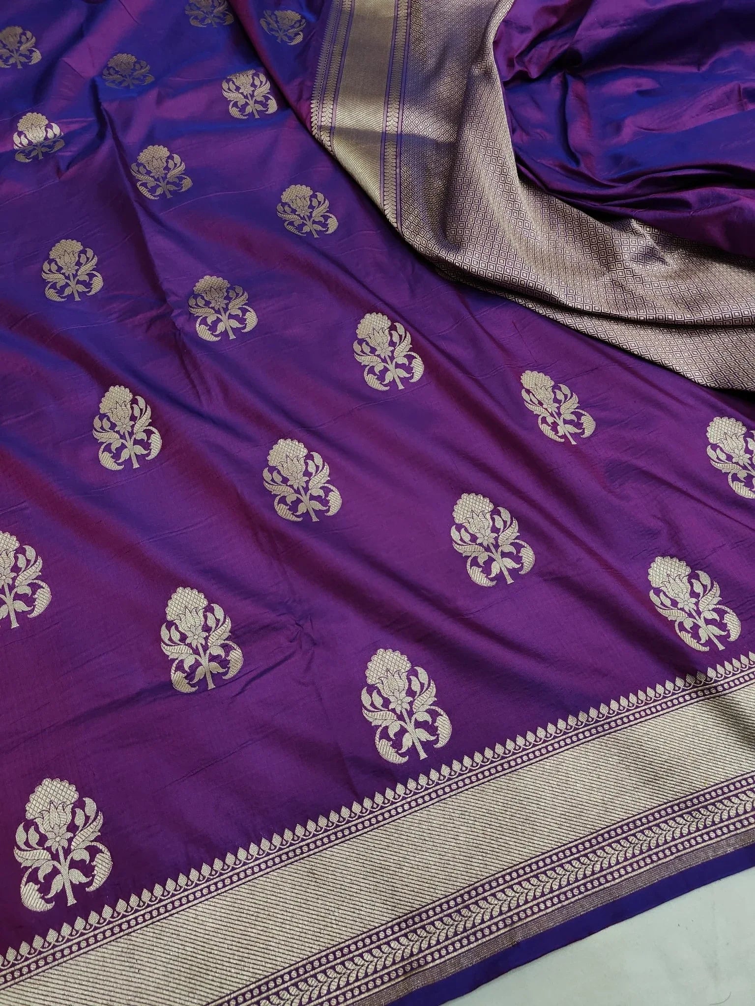 Pure Katan Silk Handloom Banarasi Saree Big Buta Motifs Gold Zari Heritage Weave - Katan Banaras