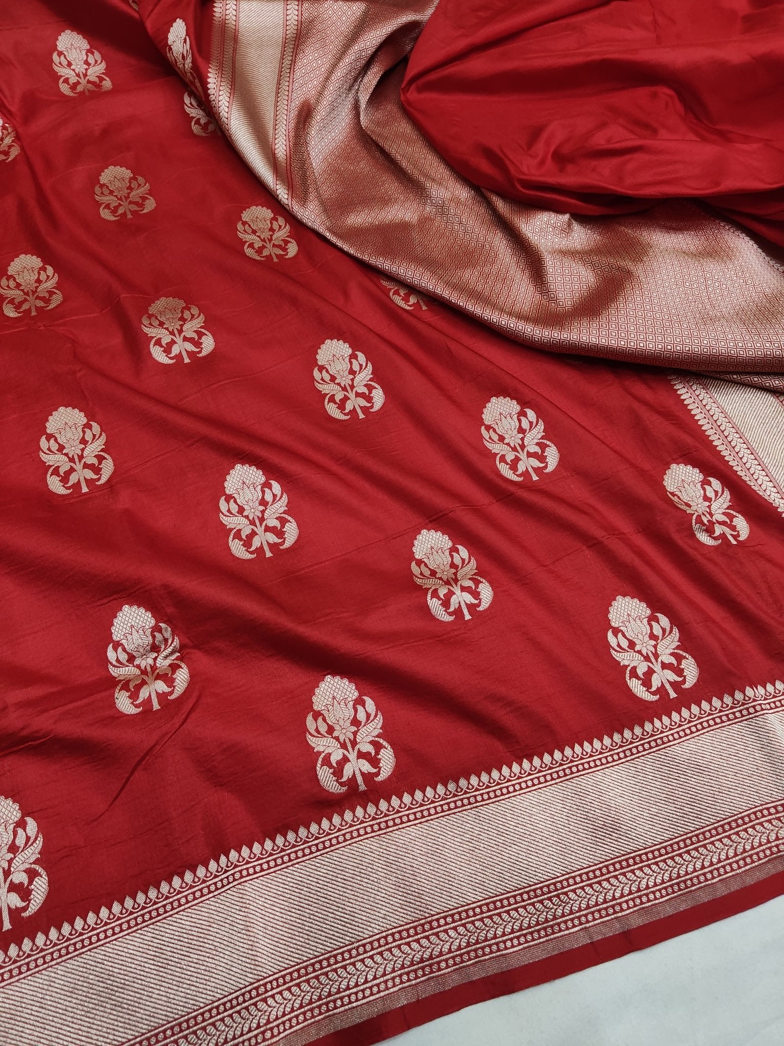 Pure Katan Silk Handloom Saree with Small Buti Motifs & Zari – Royal Banarasi Weave | Heritage Elegance - Katan Banaras