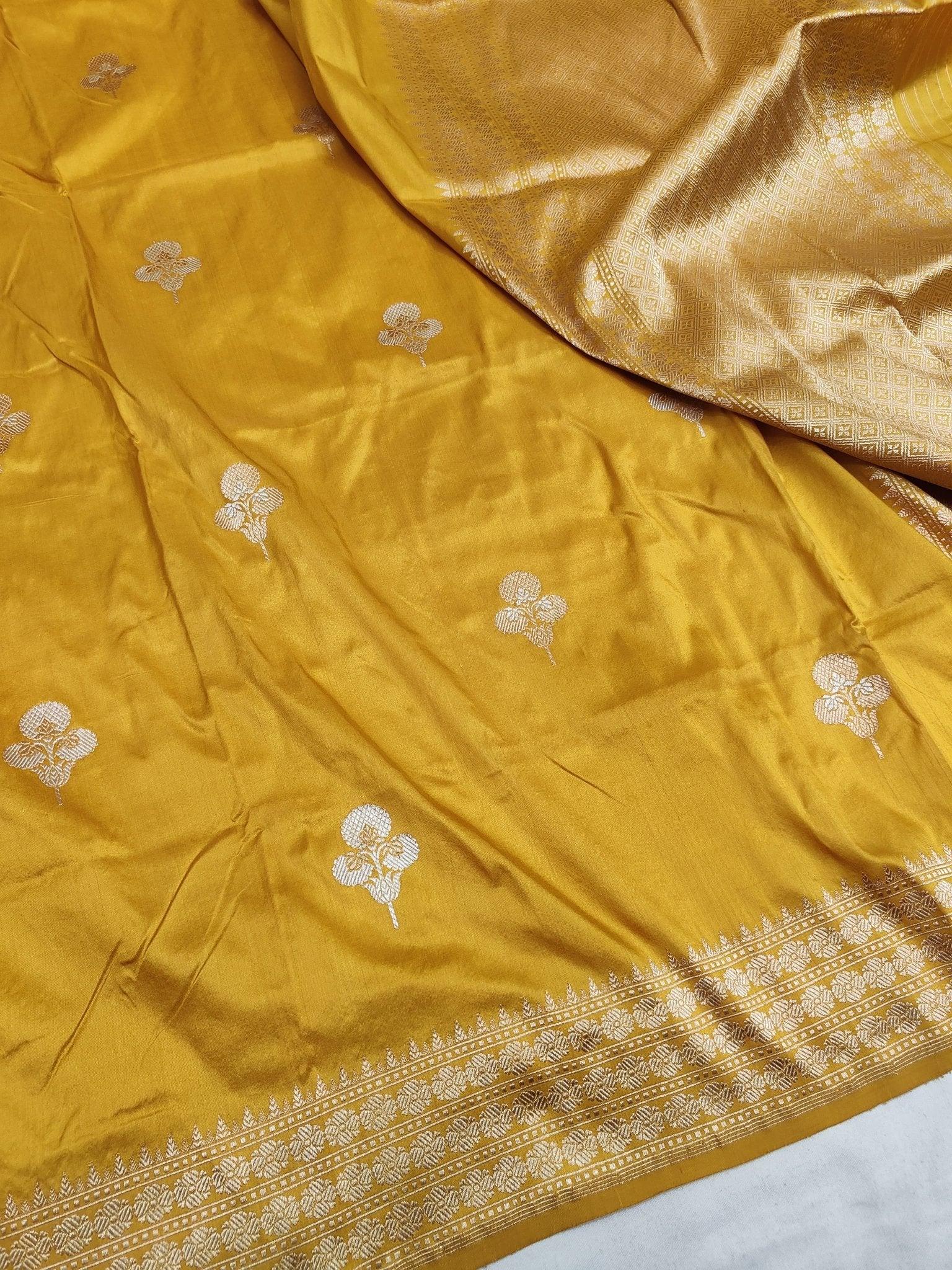 Yellow Pure Katan Silk Kadhwa Buta Banarasi Saree Real Zari Alfi Handloom - Katan Banaras