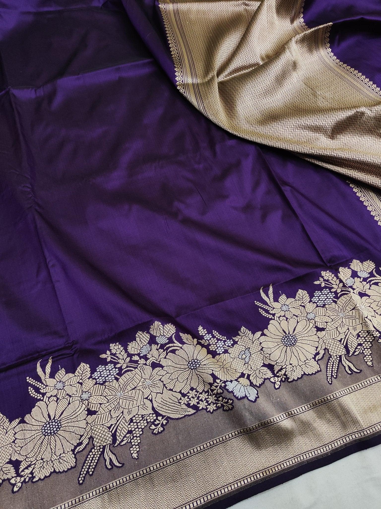 Dark Purple Pure Katan Silk Kadhwa Banarasi Saree Real Zari Handloom Masterpiece - Katan Banaras