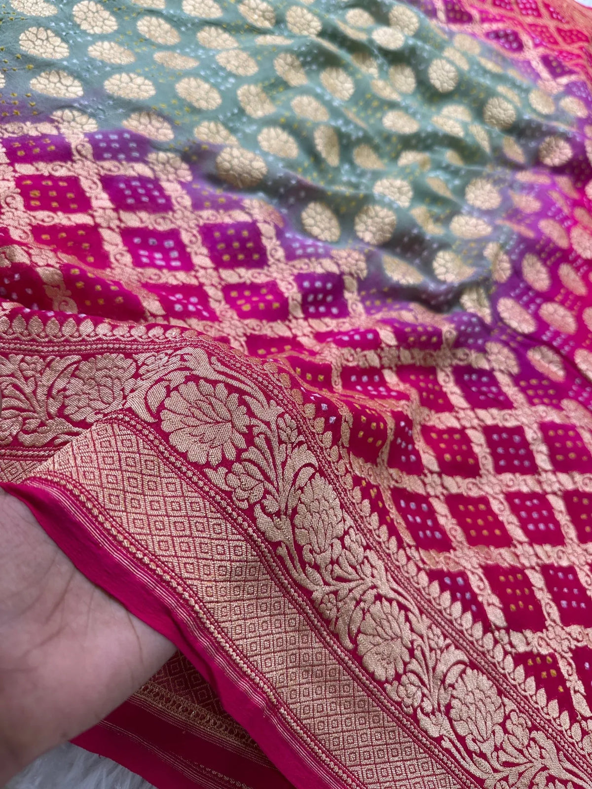 Pure Khaddi Georgette Bandhani Saree with Banarasi Zari Border & Rani Pink Teal Blue shade - Katan Banaras