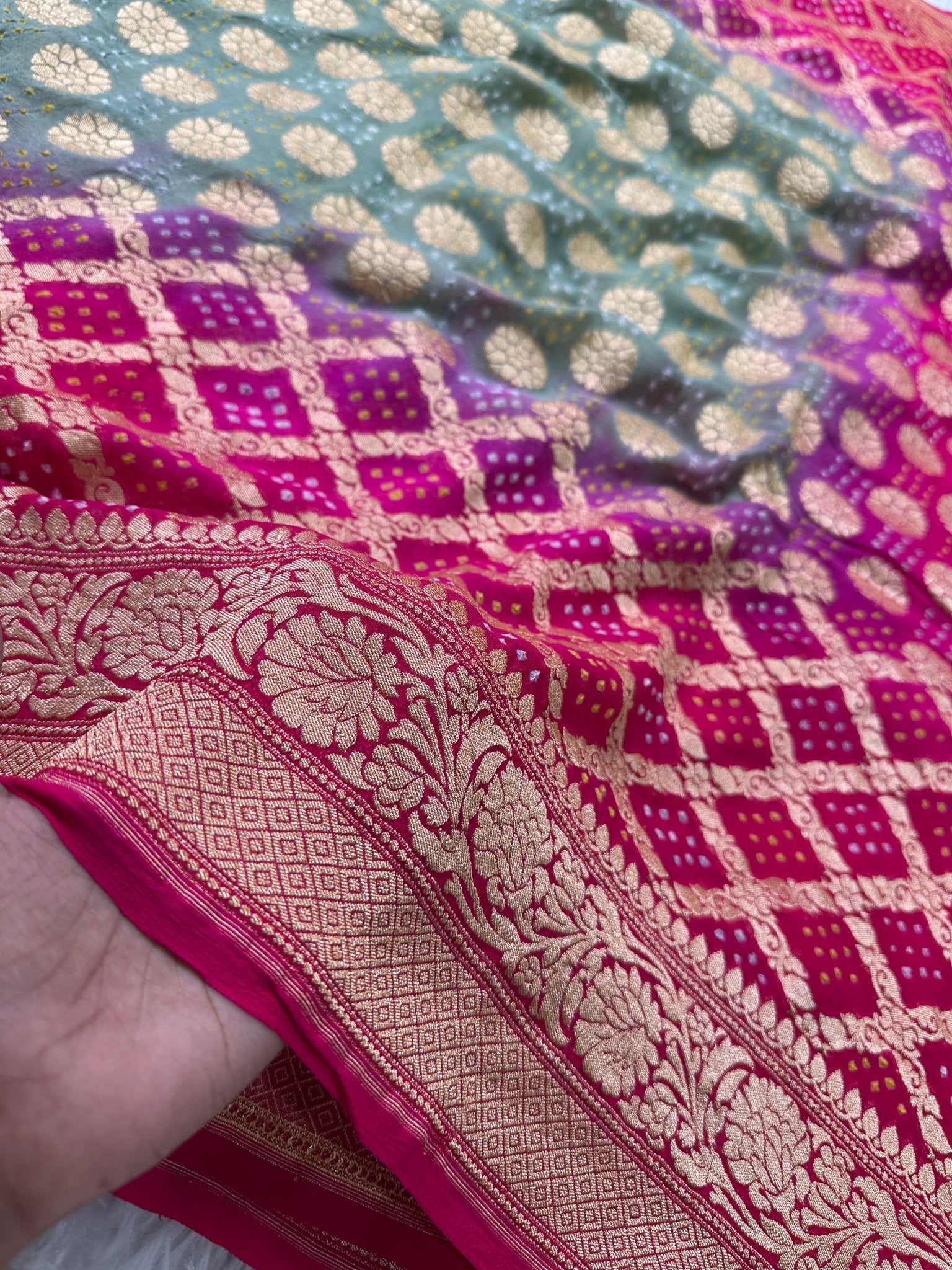 Pure Khaddi Georgette Bandhani Saree with Banarasi Zari Border & Rani Pink Teal Blue shade - Katan Banaras