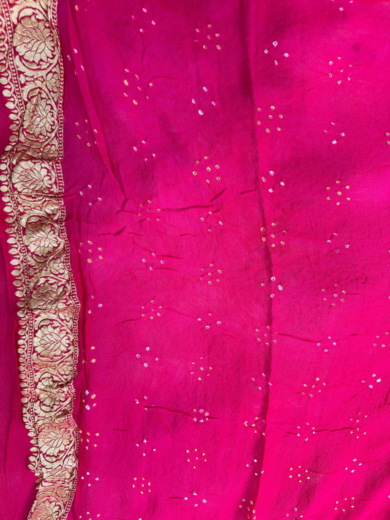 Pure Khaddi Georgette Bandhani Saree with Banarasi Zari Border & Rani Pink Teal Blue shade - Katan Banaras