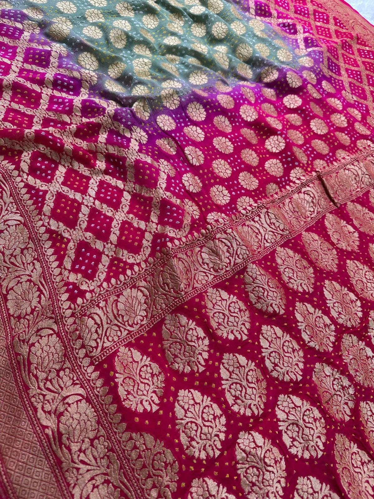 Pure Khaddi Georgette Bandhani Saree with Banarasi Zari Border & Rani Pink Teal Blue shade - Katan Banaras