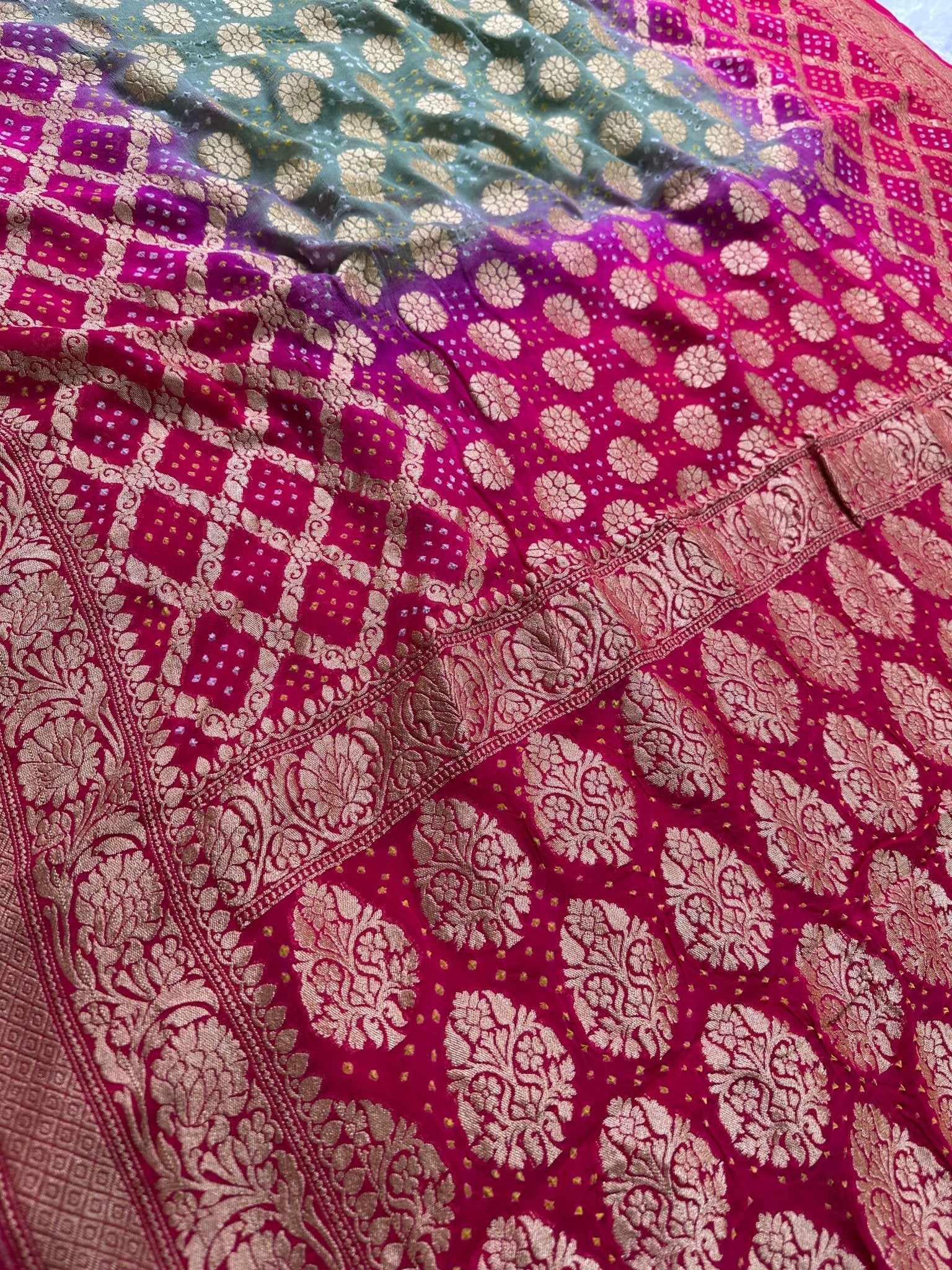 Pure Khaddi Georgette Bandhani Saree with Banarasi Zari Border & Rani Pink Teal Blue shade - Katan Banaras