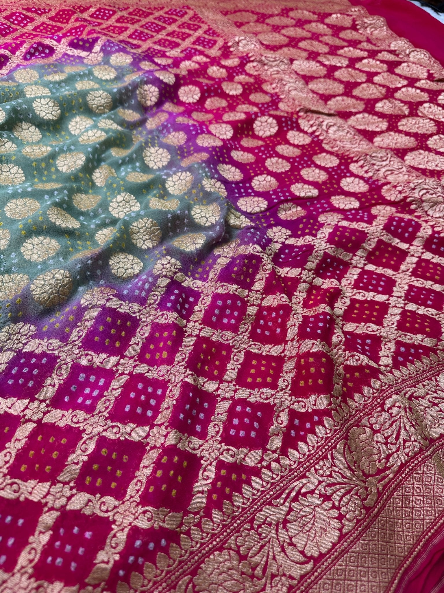 Pure Khaddi Georgette Bandhani Saree with Banarasi Zari Border & Rani Pink Teal Blue shade - Katan Banaras