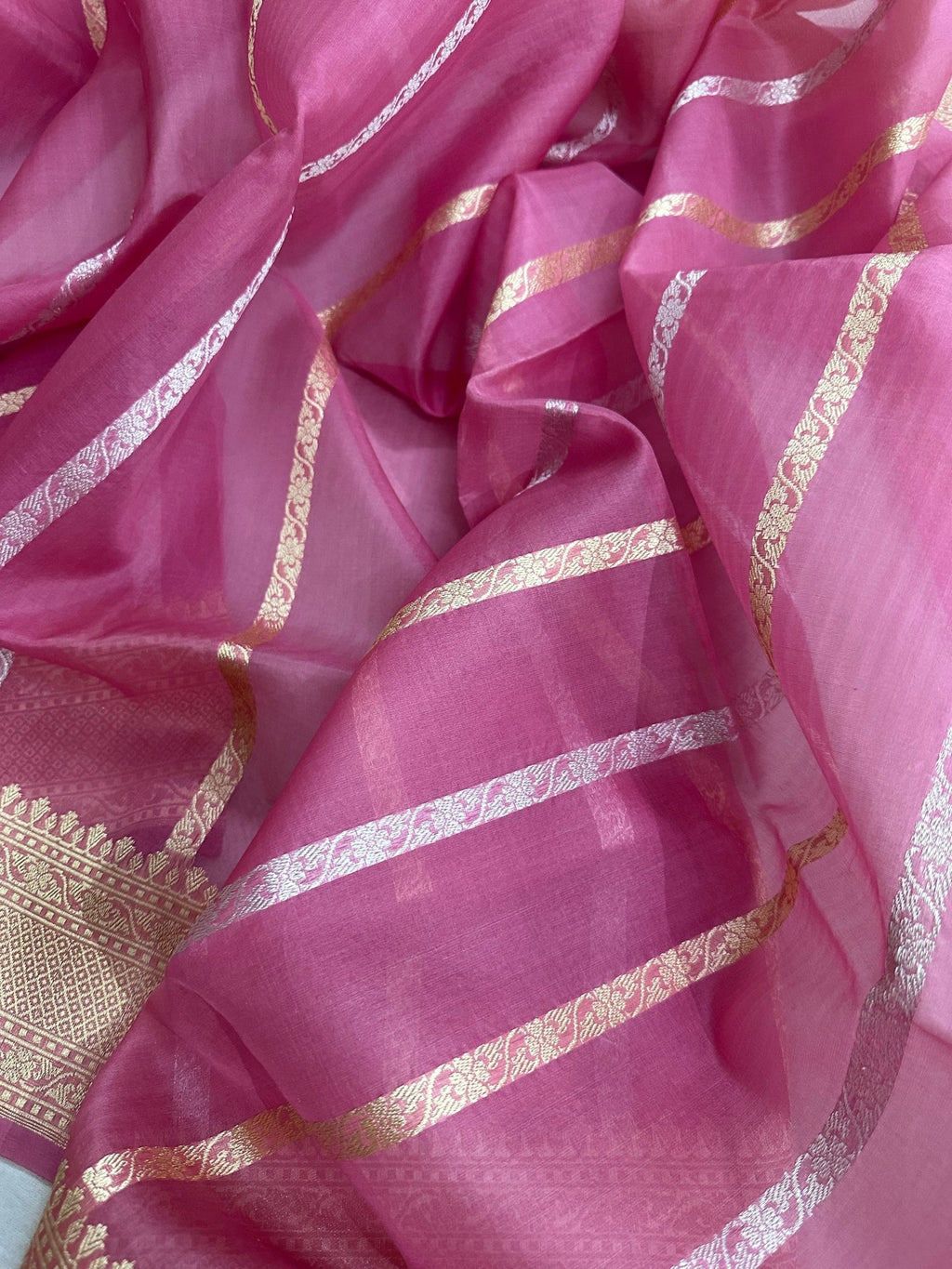 Pure Kora Silk Kadhwa Strips Handloom Saree – Real Zari Banarasi Masterpiece - Katan Banaras