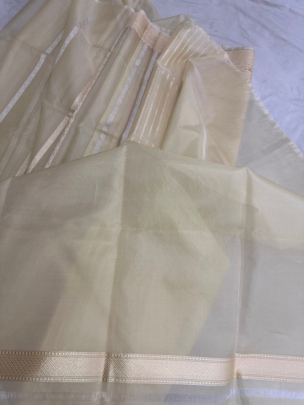 Pure Kora Silk Kadhwa Strips Handloom Saree – Real Zari Banarasi Masterpiece - Katan Banaras