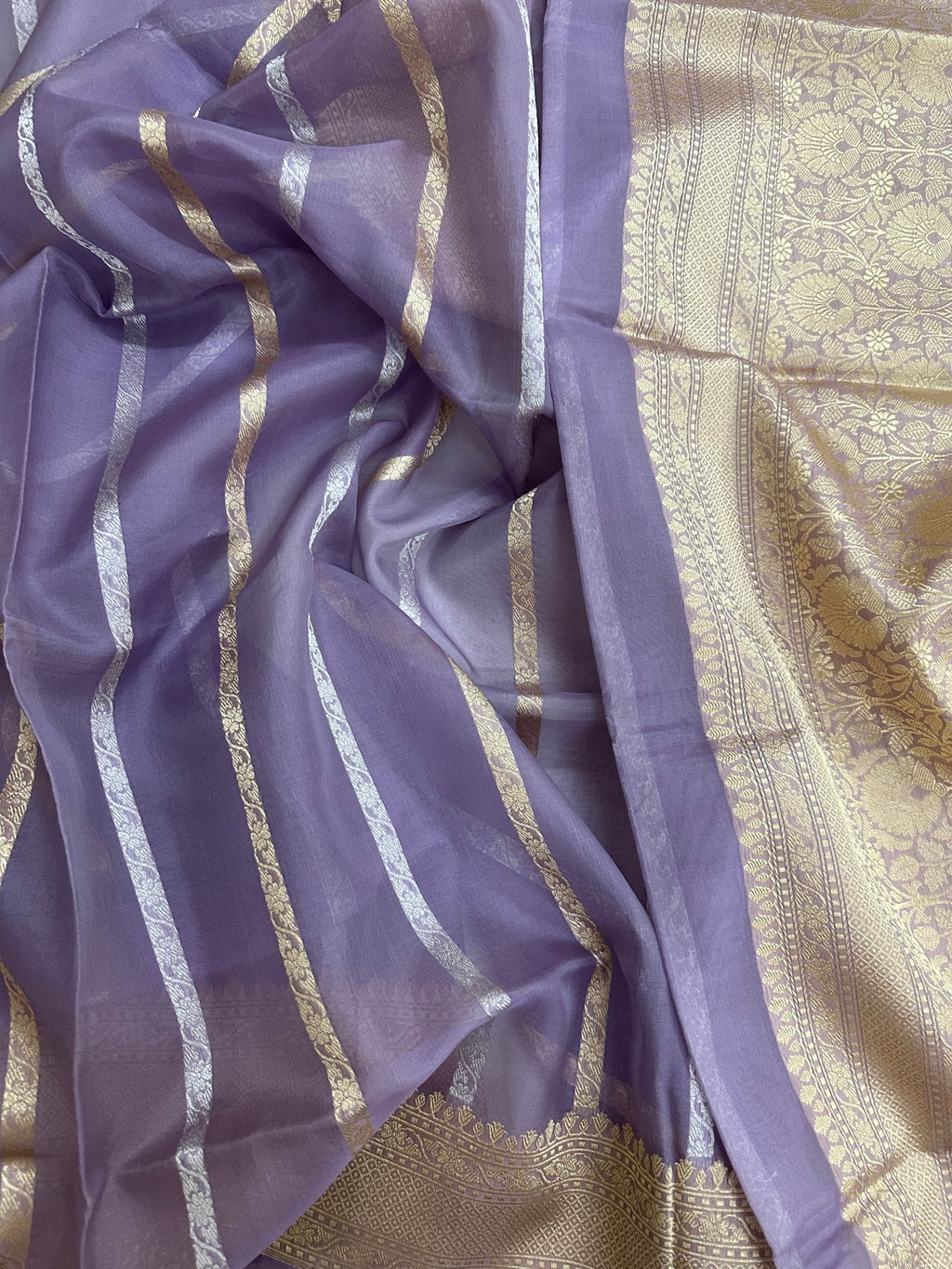 Pure Kora Silk Kadhwa Strips Handloom Saree – Real Zari Banarasi Masterpiece - Katan Banaras