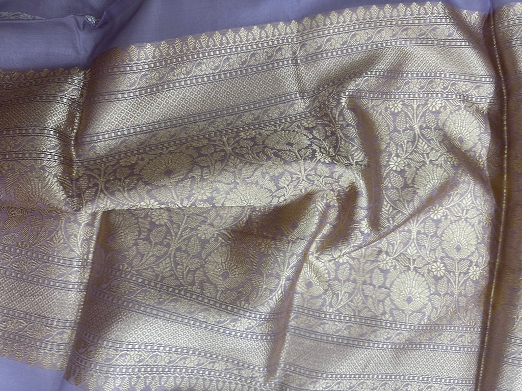 Pure Kora Silk Kadhwa Strips Handloom Saree – Real Zari Banarasi Masterpiece - Katan Banaras