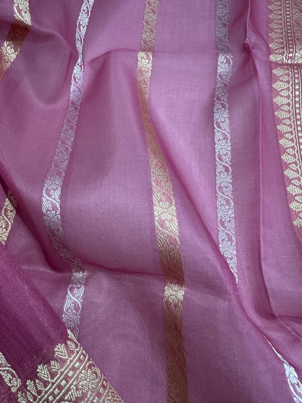 Pure Kora Silk Kadhwa Strips Handloom Saree – Real Zari Banarasi Masterpiece - Katan Banaras