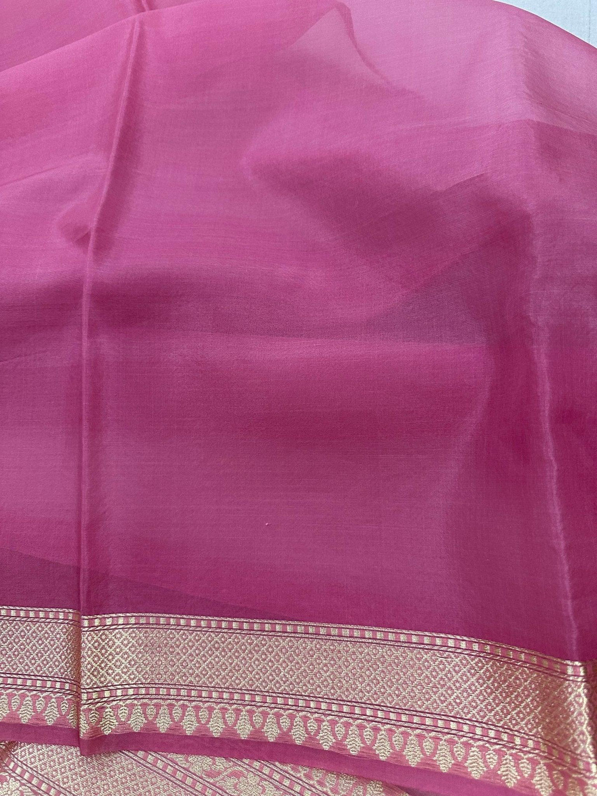 Handloom Banarasi Silk Saree with Kadhwa Buta motifs and Real Zari weaving, Rani Pink - Katan Banaras