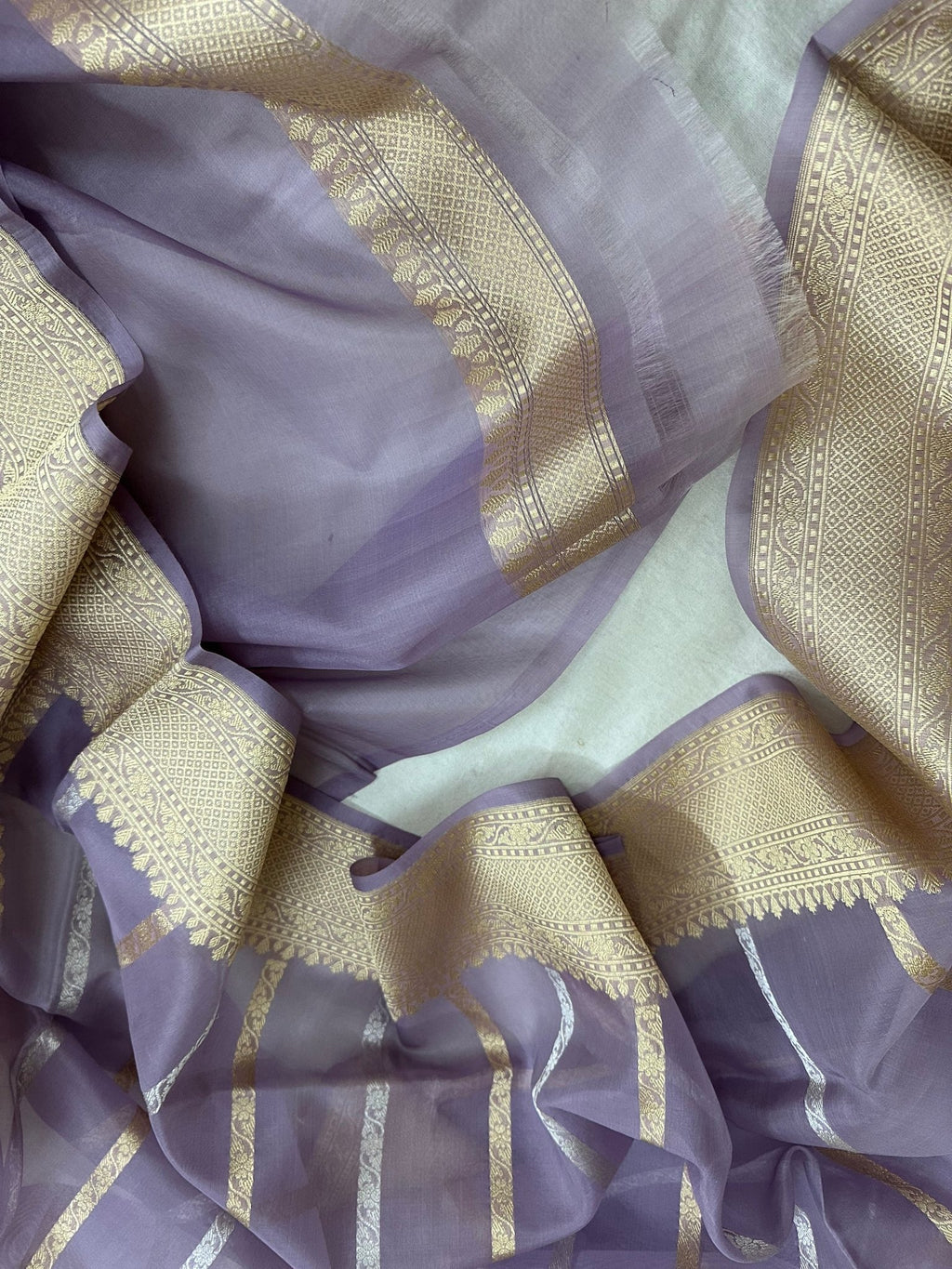 Pure Kora Silk Kadhwa Strips Handloom Saree – Real Zari Banarasi Masterpiece - Katan Banaras