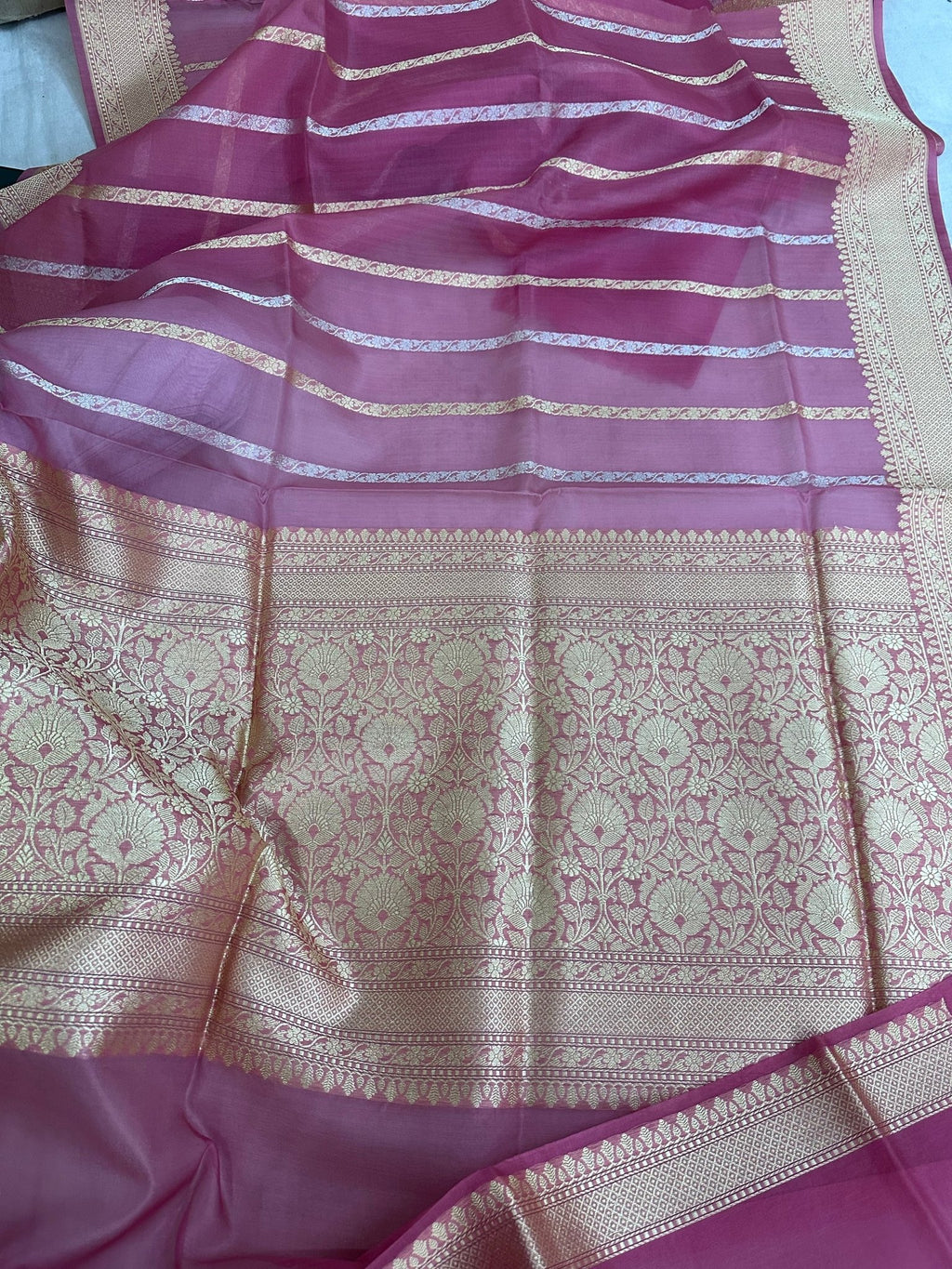 Pure Kora Silk Kadhwa Strips Handloom Saree – Real Zari Banarasi Masterpiece - Katan Banaras