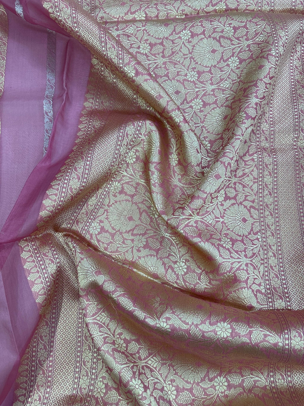 Pure Kora Silk Kadhwa Strips Handloom Saree – Real Zari Banarasi Masterpiece - Katan Banaras