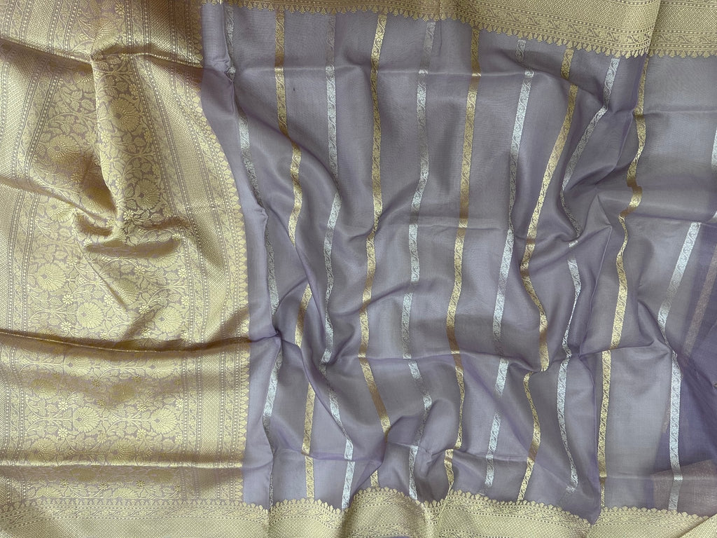 Pure Kora Silk Kadhwa Strips Handloom Saree – Real Zari Banarasi Masterpiece - Katan Banaras