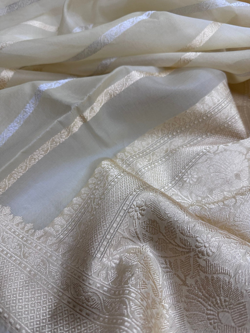 Pure Kora Silk Kadhwa Strips Handloom Saree – Real Zari Banarasi Masterpiece - Katan Banaras