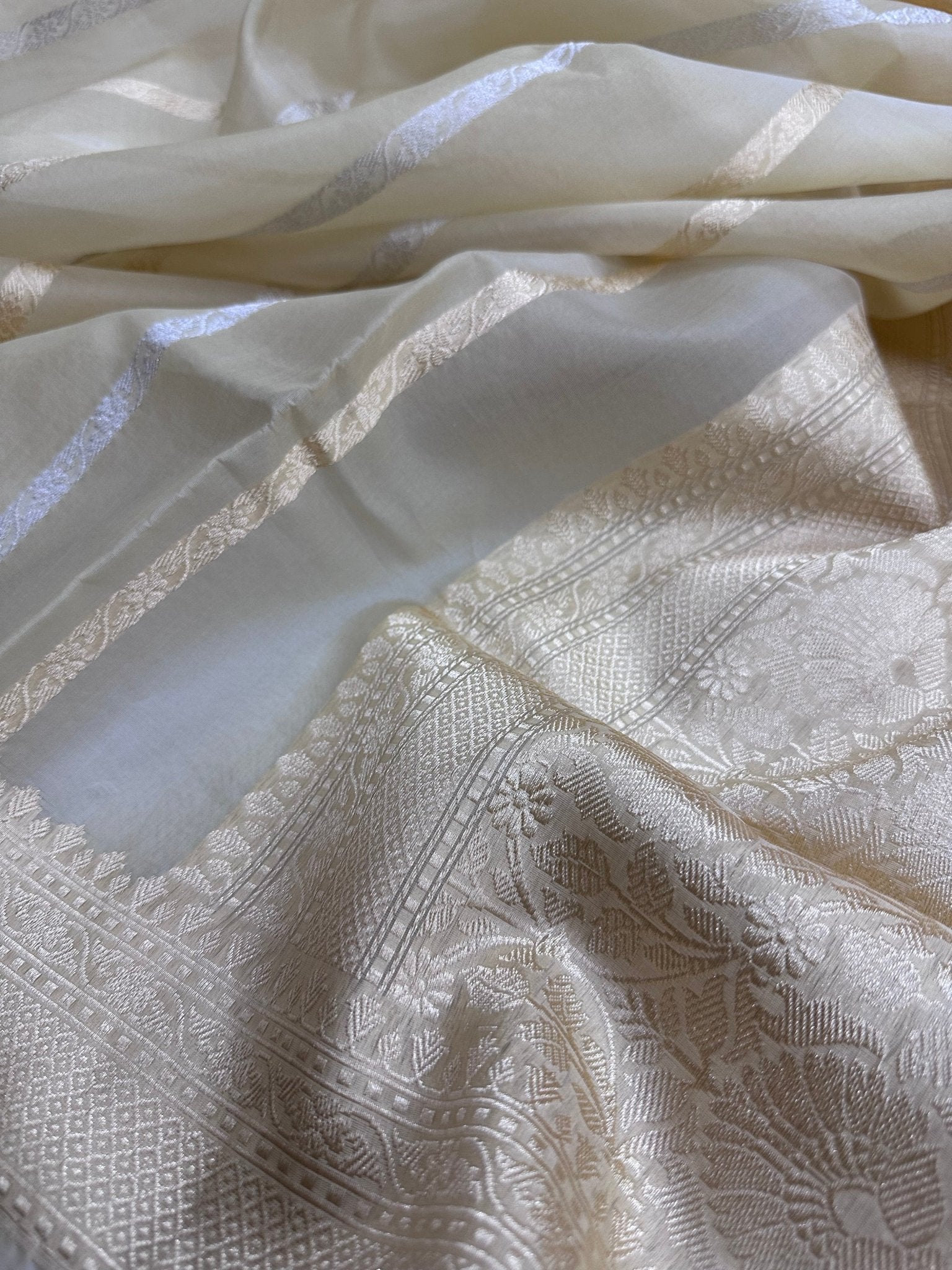 Pure Kora Silk Kadhwa Strips Handloom Saree – Real Zari Banarasi Masterpiece - Katan Banaras