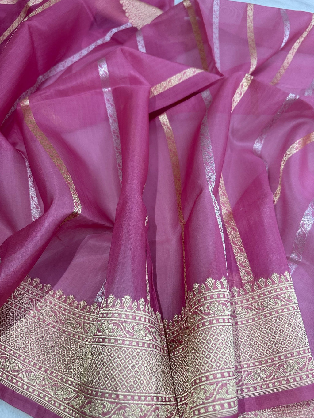 Pure Kora Silk Kadhwa Strips Handloom Saree – Real Zari Banarasi Masterpiece - Katan Banaras