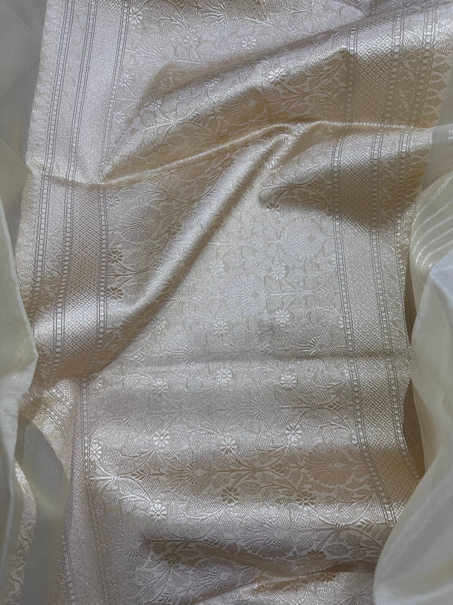 Pure Kora Silk Kadhwa Strips Handloom Saree – Real Zari Banarasi Masterpiece - Katan Banaras