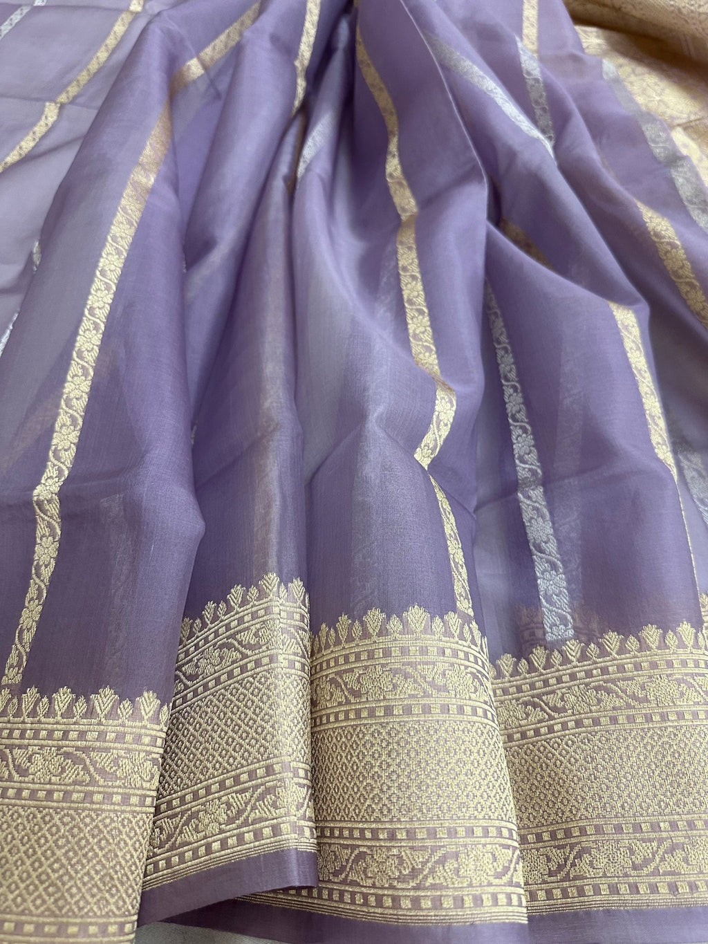 Pure Kora Silk Kadhwa Strips Handloom Saree – Real Zari Banarasi Masterpiece - Katan Banaras