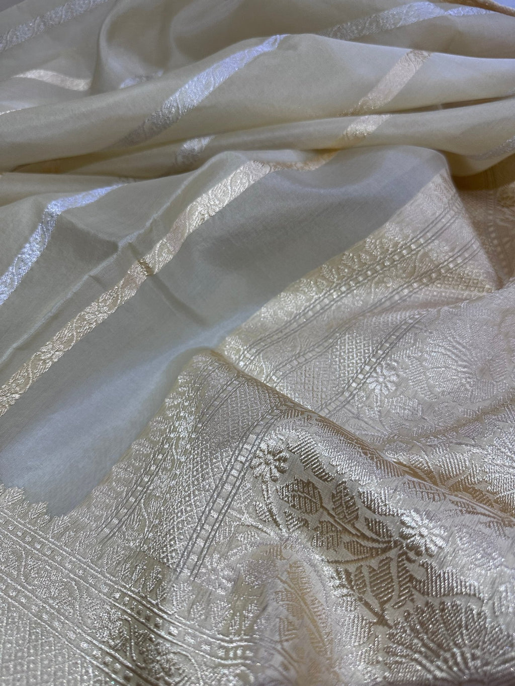 Pure Kora Silk Kadhwa Strips Handloom Saree – Real Zari Banarasi Masterpiece - Katan Banaras