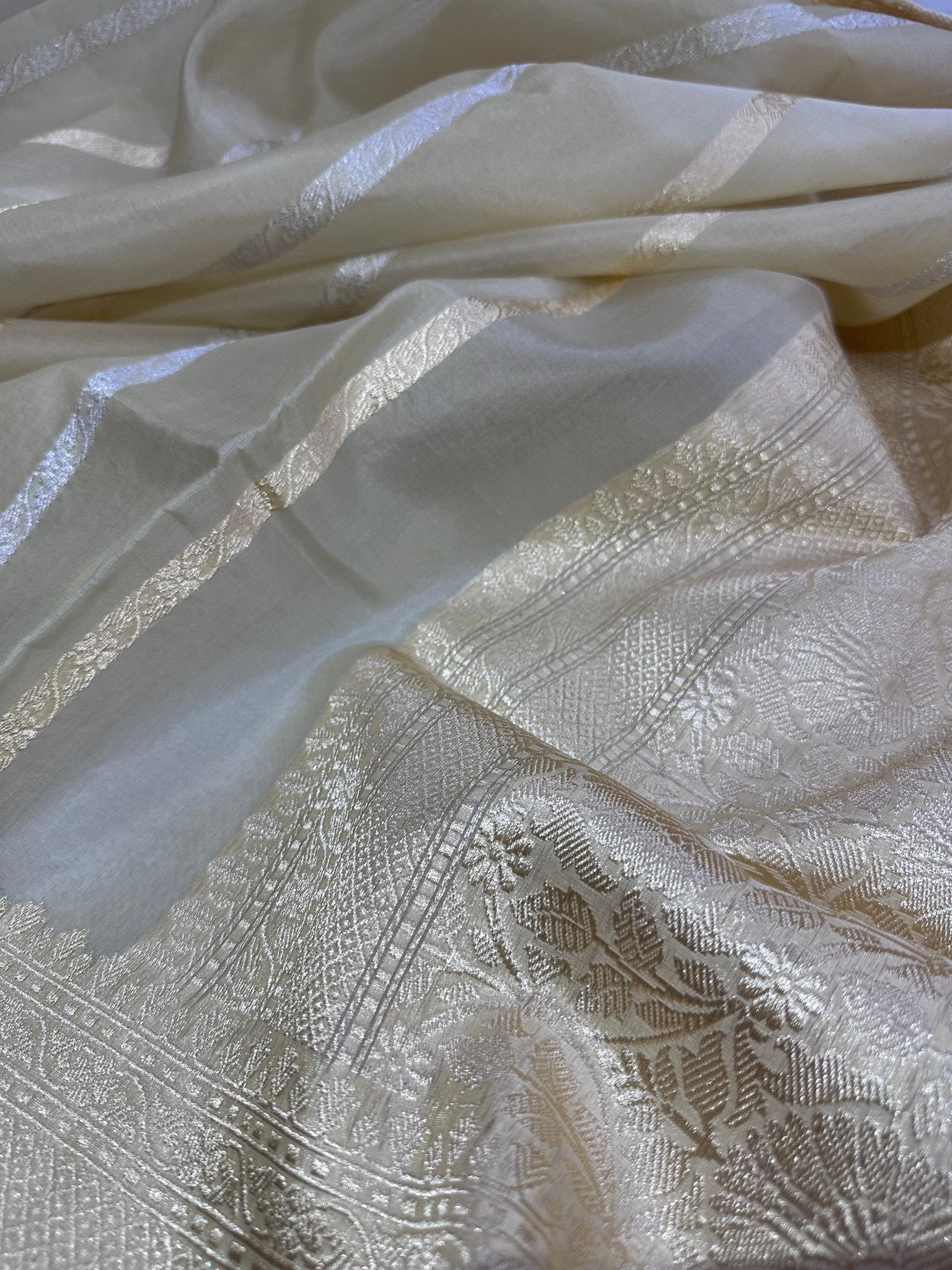 Pure Kora Silk Kadhwa Strips Handloom Saree – Real Zari Banarasi Masterpiece - Katan Banaras