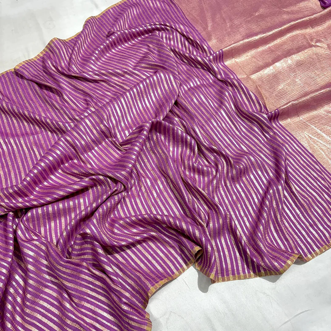 Pure Moonga Silk Banarasi Saree - Floral Zari Woven Silk Saree from Varanasi - front view | Pure Moonga Silk Banarasi Saree