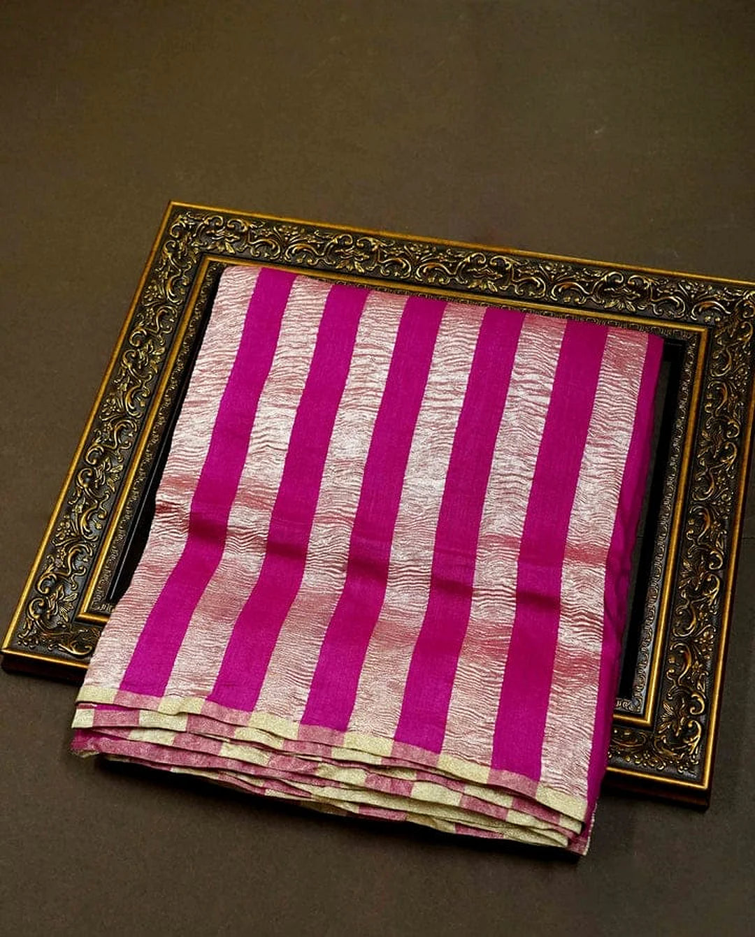Pure Moonga Silk Banarasi Saree - Mughal Jaal Zari Woven Luxury Saree - pallu closeup | Pure Moonga Silk Banarasi Saree