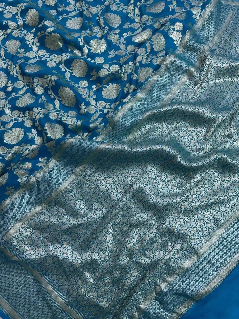 Pure Moonga Silk Banarasi Saree - Sky Blue & Grey Uppada Handwoven Festive Wear - drape side view | Pure Moonga Silk Banarasi Saree